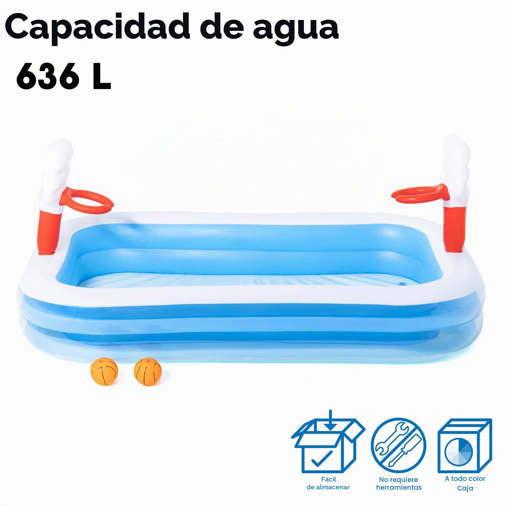 Piscina rectangular Blanco Y Azul Hinchable Infantil con Canastas Baloncesto Bestway Basketball 254x168x102 cm