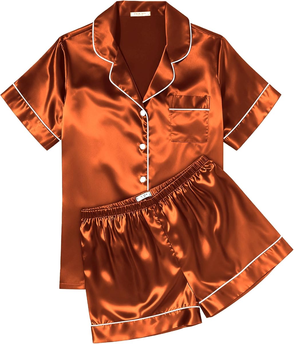 Ekouaer Conjunto de pijama de satén de seda para mujer, suave, manga corta, con botones, parte superior y pantalones cortos, conjunto de pijama de 2 piezas