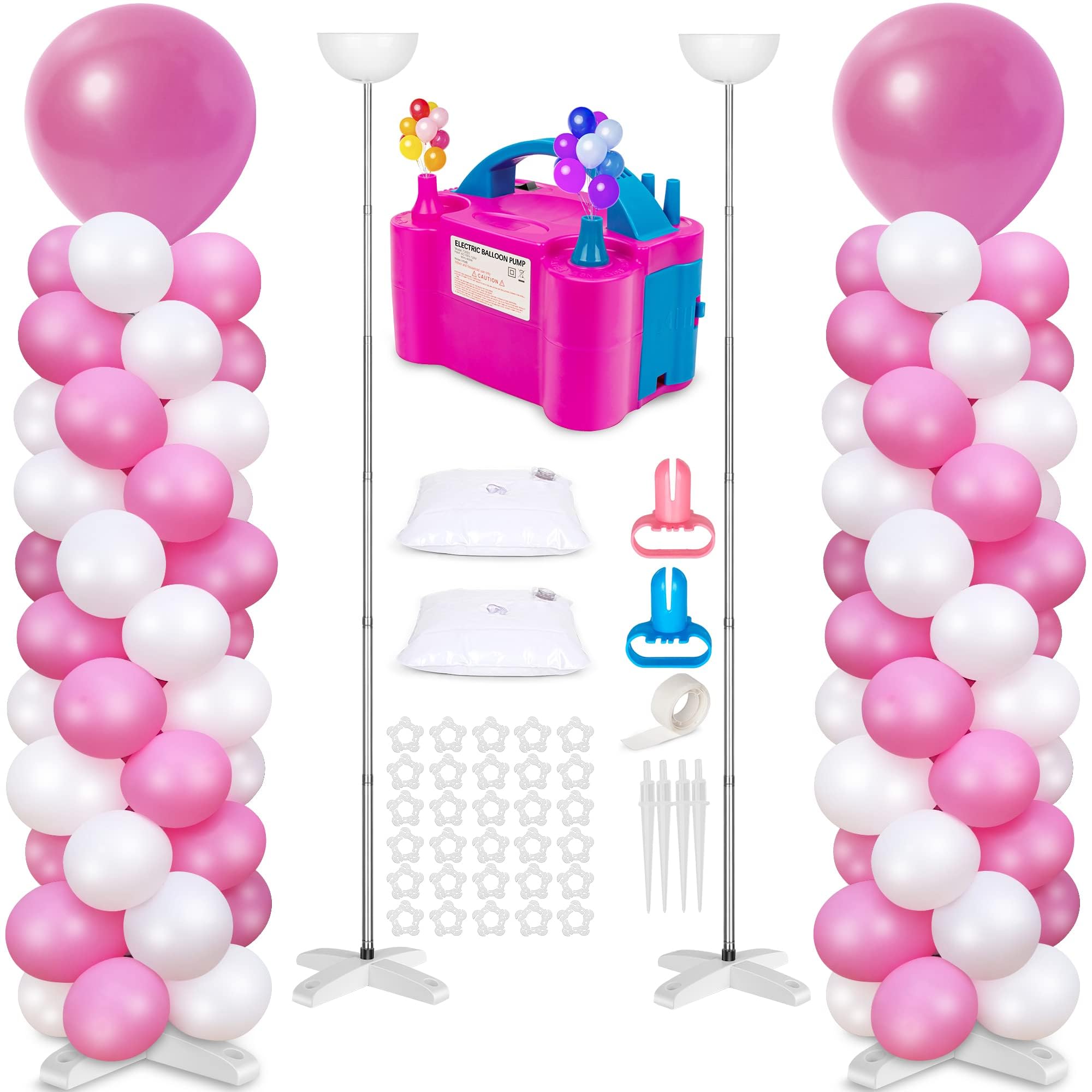 ebeau 2 Sets Metal Balloon Column Stand and Electric Balloon Pump, Adjustable 9 Feet Balloon Stands for Floor, Balloon Column kit for Baby Shower Graduation Birthday Wedding Party