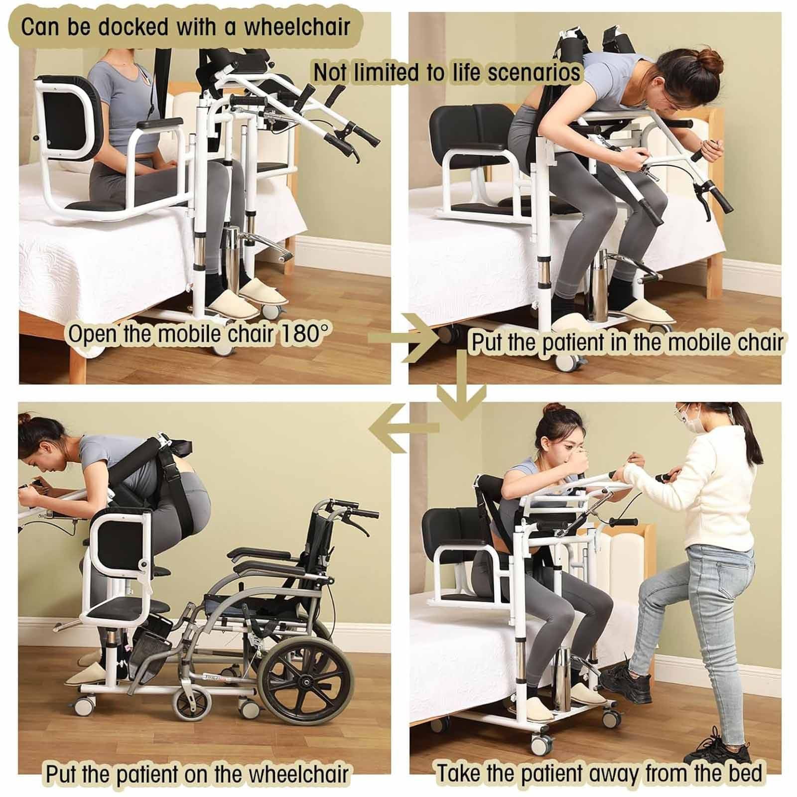 Silla de Transferencia Elevadora,Silla Elevadora para Personas Mayores con Arnés Y Antideslizante – Hidráulica 200kg, Asiento 180°, Altura Ajustable 41-65cm, Ruedas Doble Freno, 4 en 1 Multifunciona