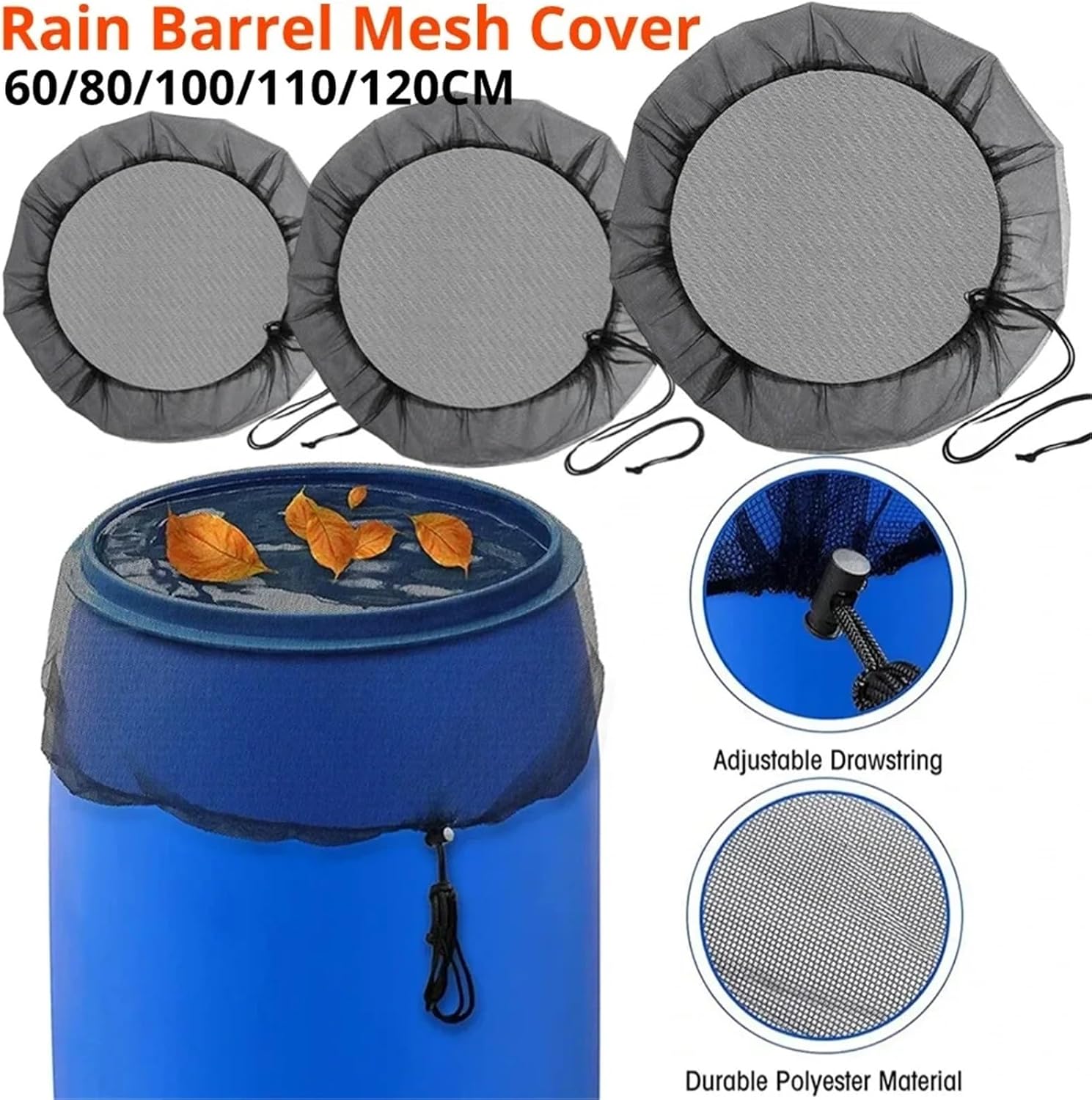 Mesh Cover for Rain Barrels Outdoor Garden Mesh Cover 60-120cm Rain Barrel PE Water Collection Bucket Filter Net Anti-Mosquito Protection Netting(60cm)
