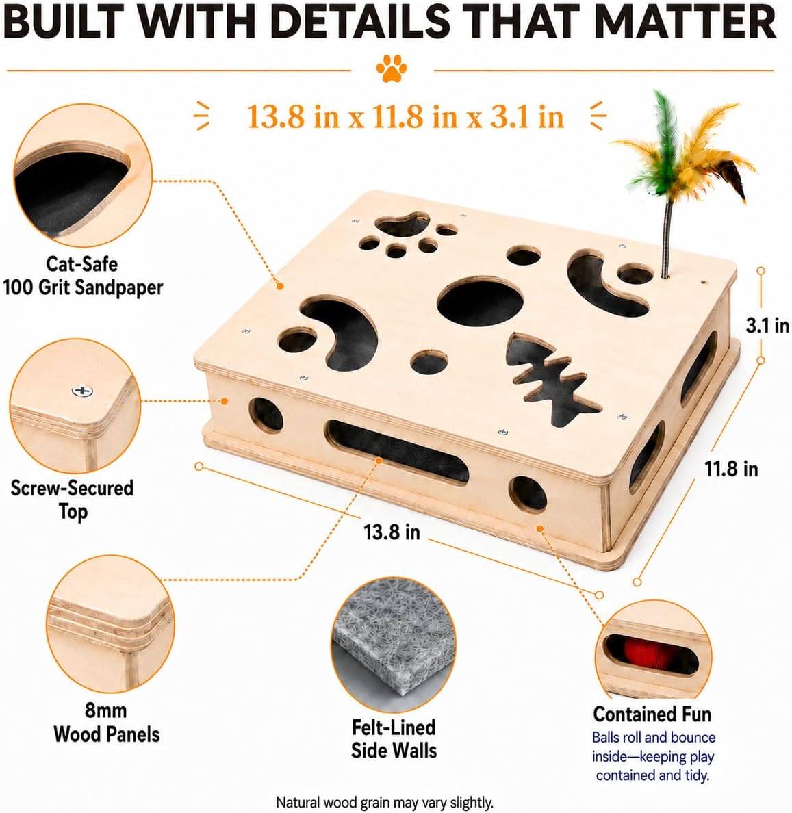 Cat Puzzle Enrichment Box & Nail File Scratcher with Automatic Rolling Ball | 14 Interactive Cat Toys with Rechargeable Chirping Balls, Teaser Wand, Quiet Felt-Lined, Alternative to Clipper & Grinder