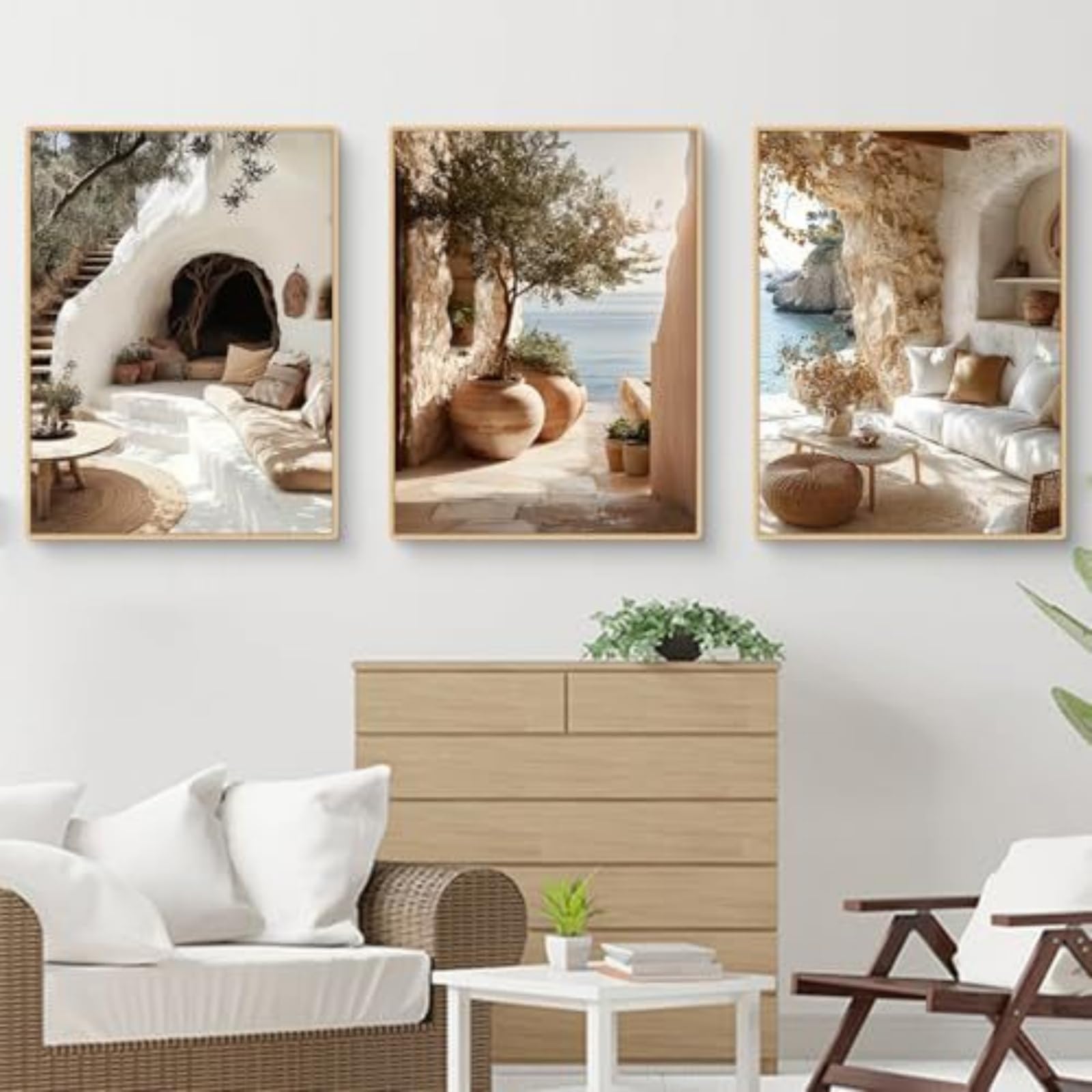JORCEDI Mediterranean Poster Set of 3, Greek Islands Coast Canvas Wall Art, Boho Stone House Landscape Decor, 21x30, 30x40, 40x50, 50x70 cm, Unframed (50x70 cm,A)
