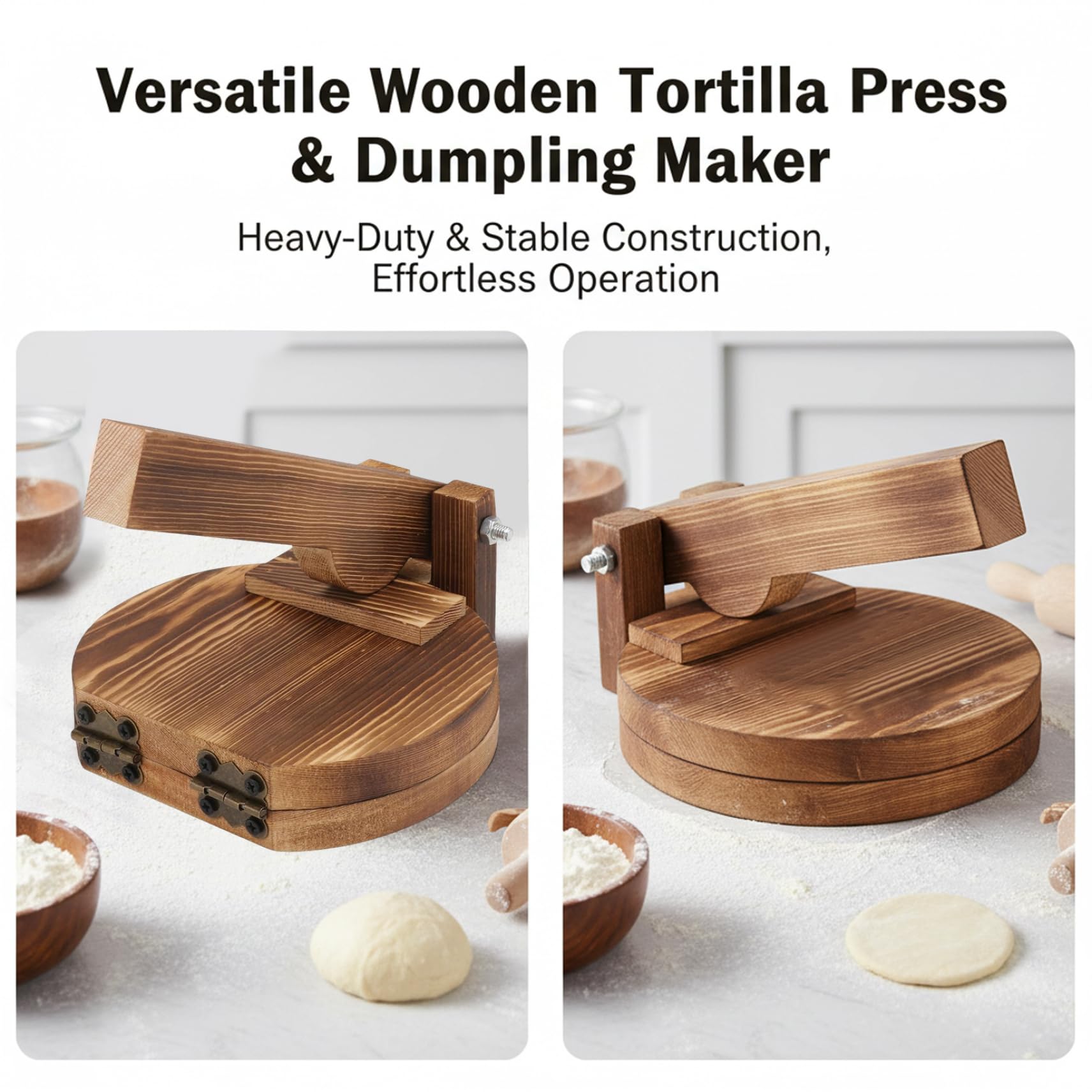 Presse à tortillas en bois, machine à boulettes robuste pour emballages et pâtisserie |.Presse-pâte en bois naturel pour tortillas et boulettes faites maison (marron foncé)