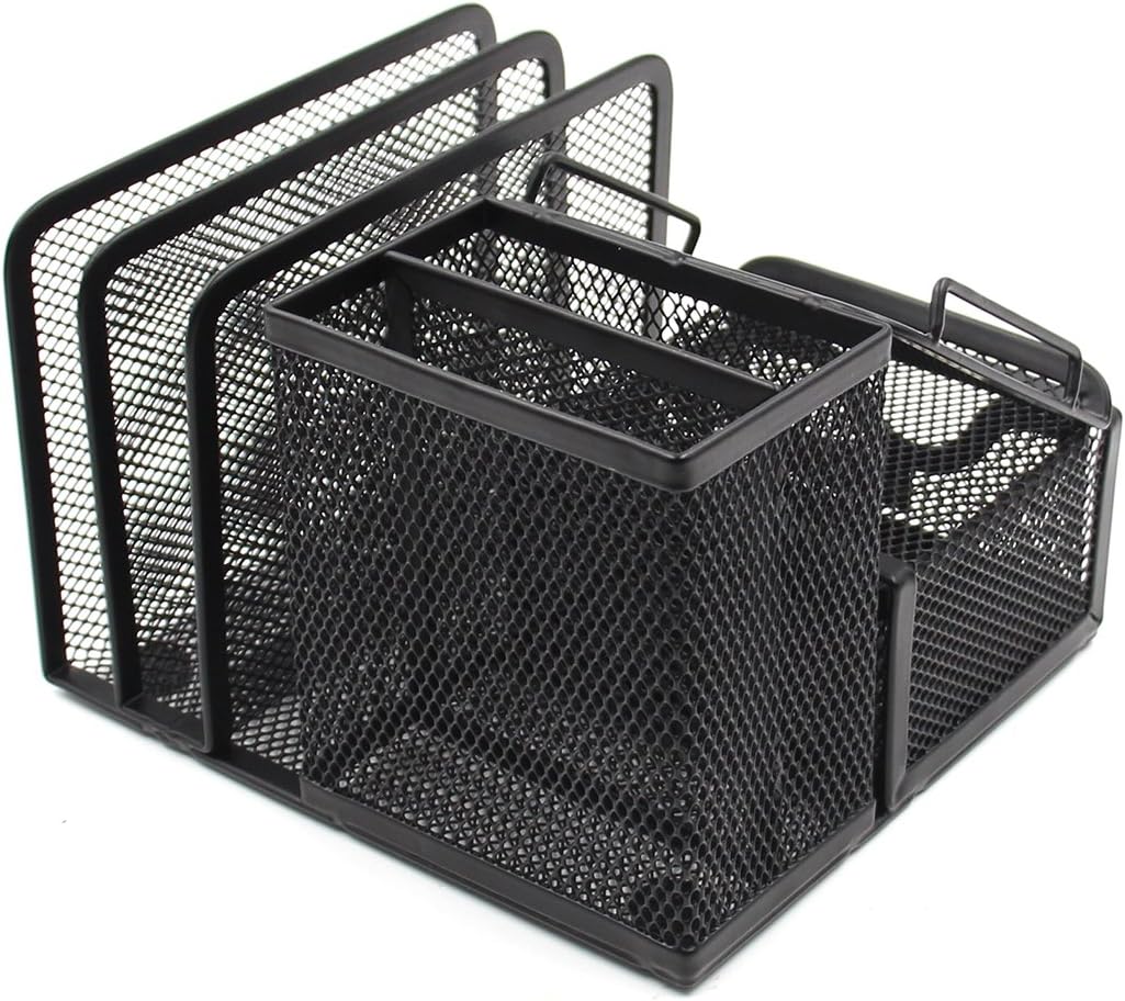 EasyPAG Mesh Desk Accessories Organizer Sticky Note Pad Holder 2 Upright Pen Holder ,Black