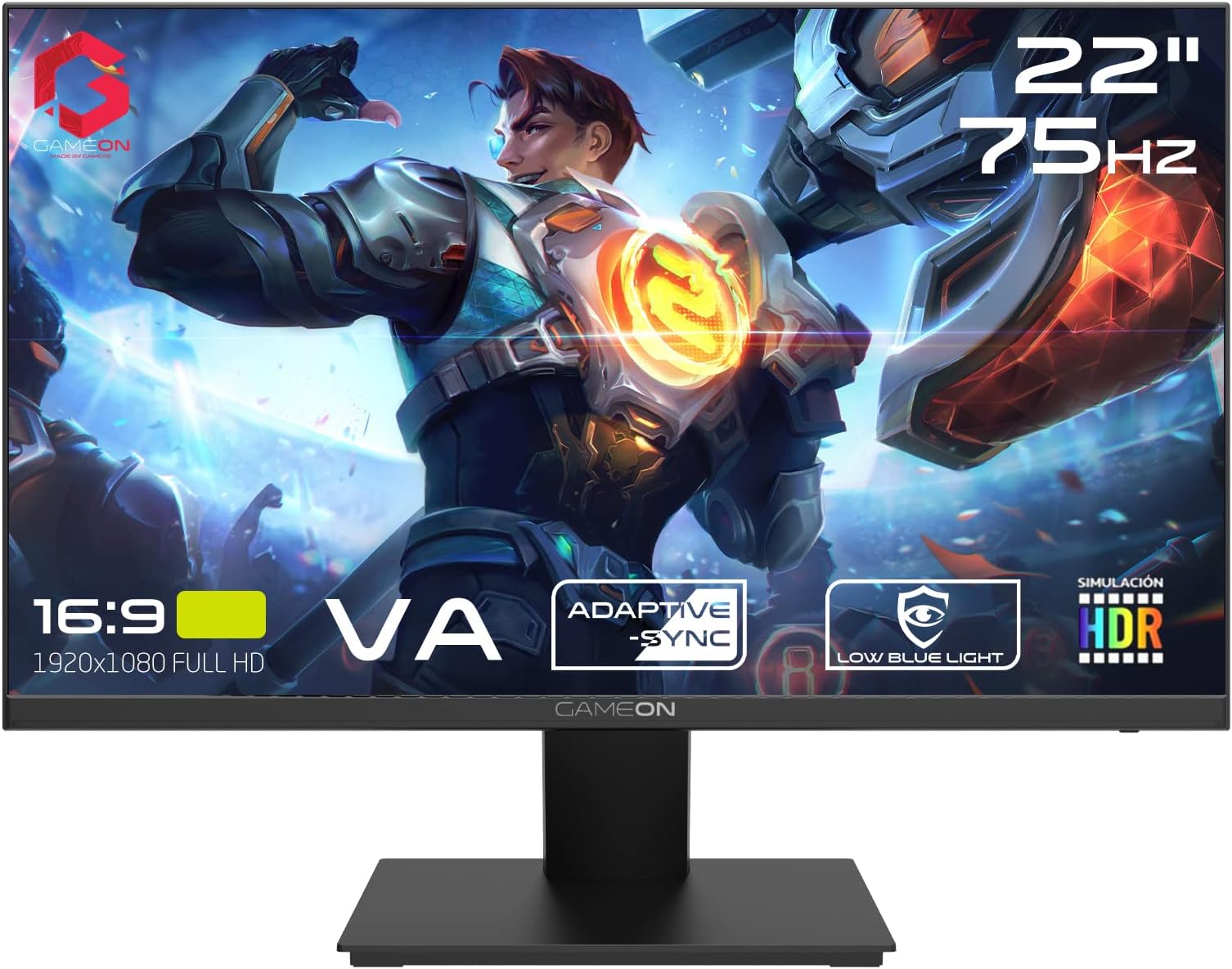 GAMEON 22 inch monitor, Full HD 1920x1080p HDMI and VGA with Ergonomic Tilt, Eye Care Technology with Blue Light Filter and Anti-Glare, Adaptive-Sync and Built-in-speakers