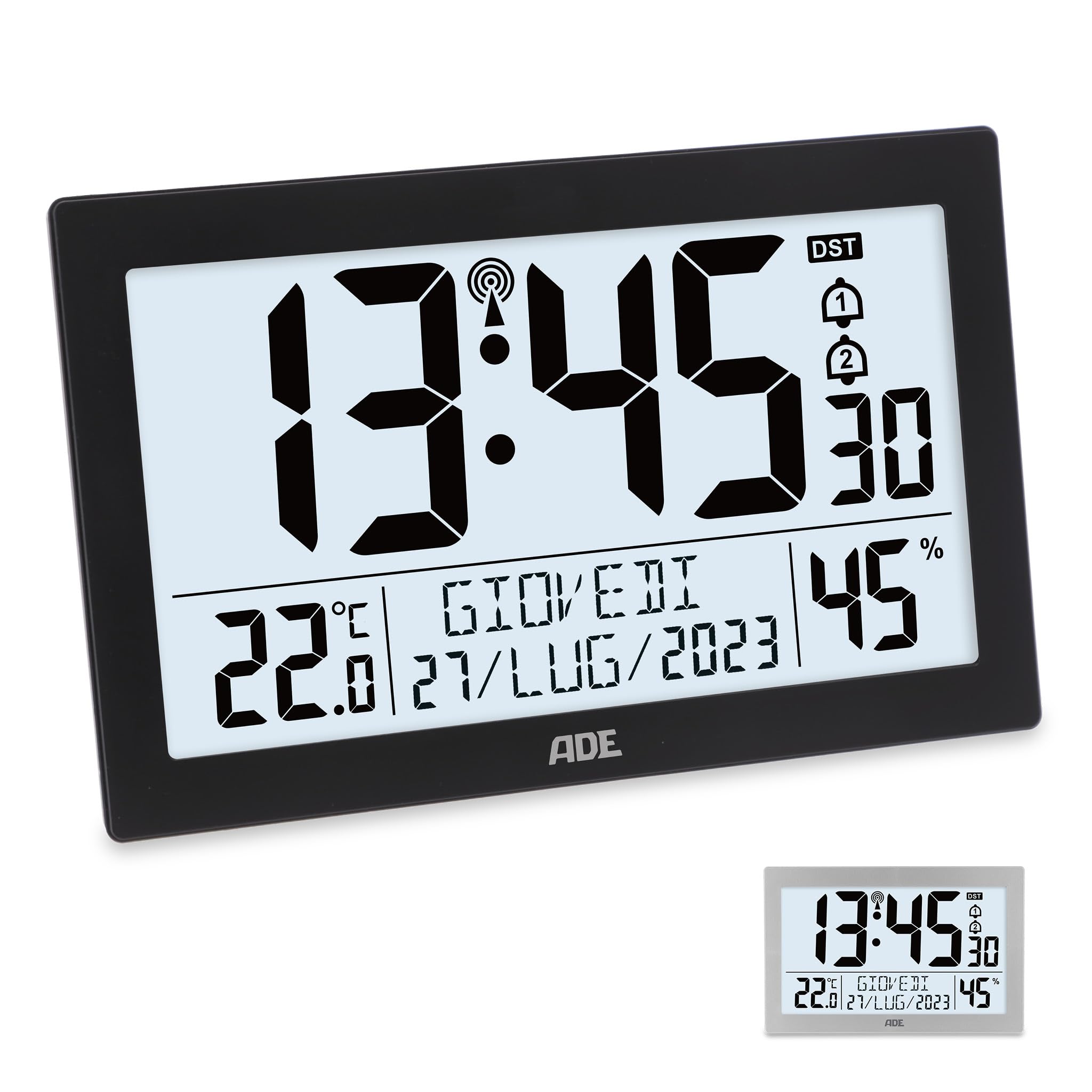 ADE Orologio digitale da tavolo o parete con sveglia radiocontrollata |  Grandi numeri | Data e giorno della settimana | Termometro, igrometro |  Illuminazione | Batteria inclusa | Cornice nero : Amazon.it: Casa e cucina
