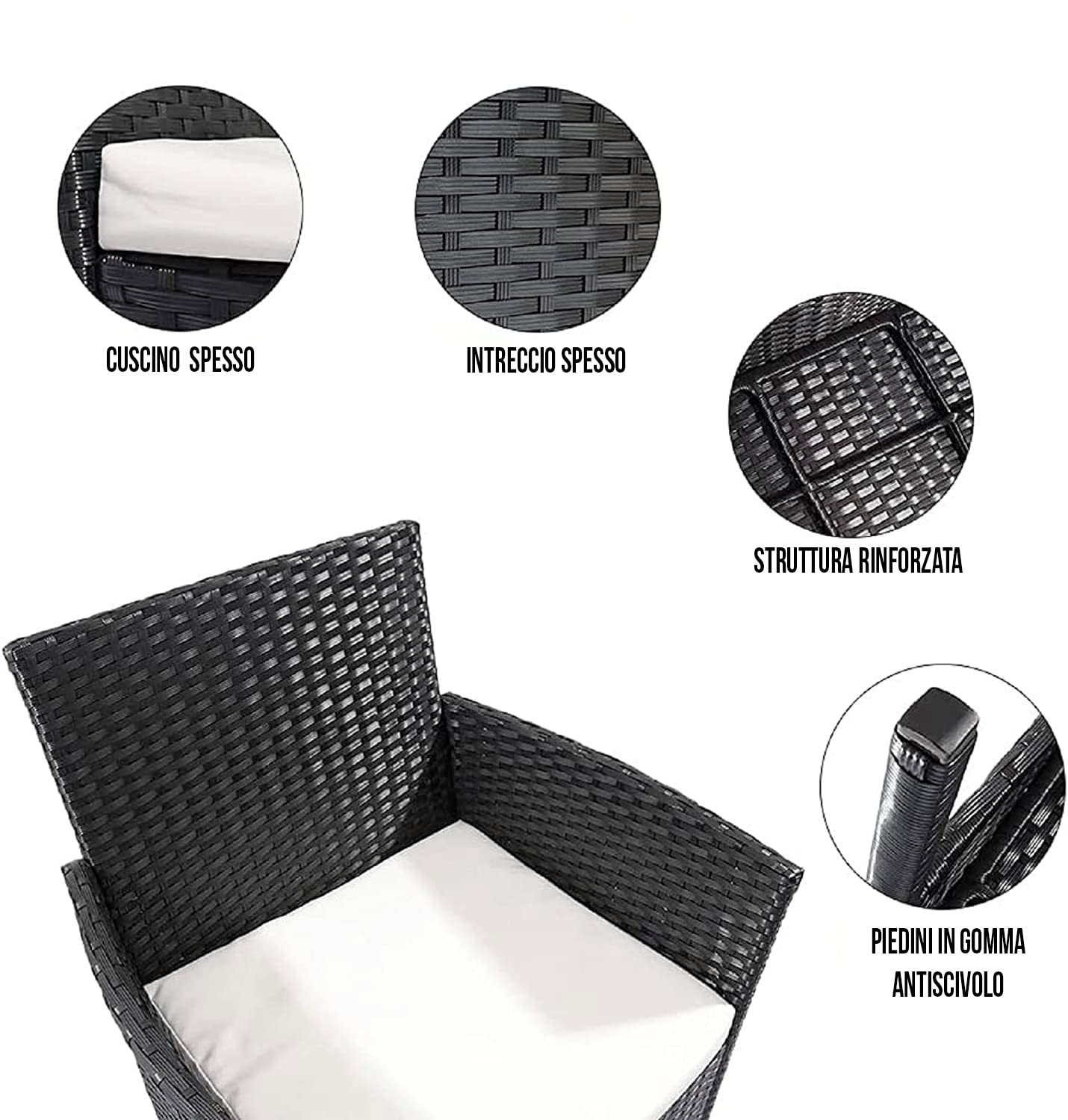 Arreditaly Set Di Mobili da Giardino in Rattan 4 Posti con Tavolino Vetro Cuscini Sfoderabili (Black)