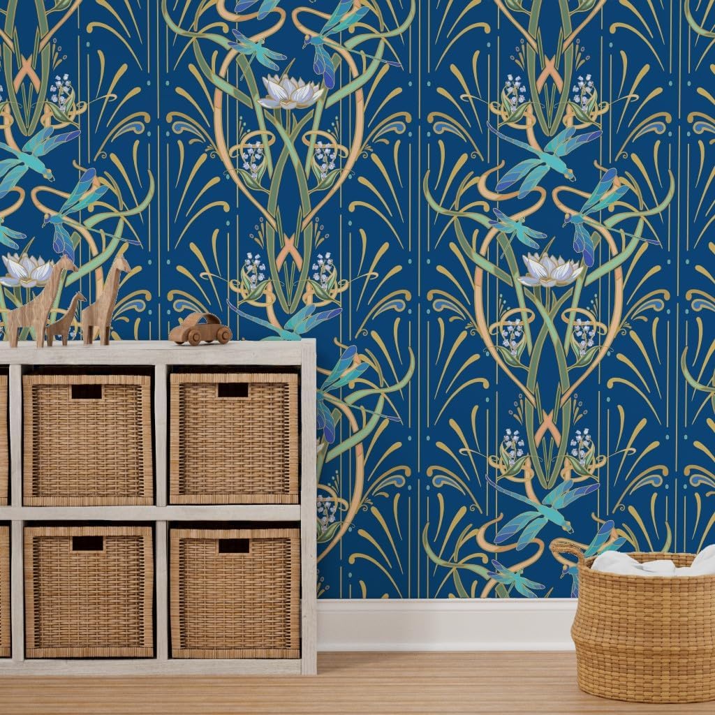 Spoonflower Removable Wallpaper 3ft x 2ft - Art Nouveau Dragonflies Classic Blue Classy Deco Custom Pre-Pasted Wallpaper