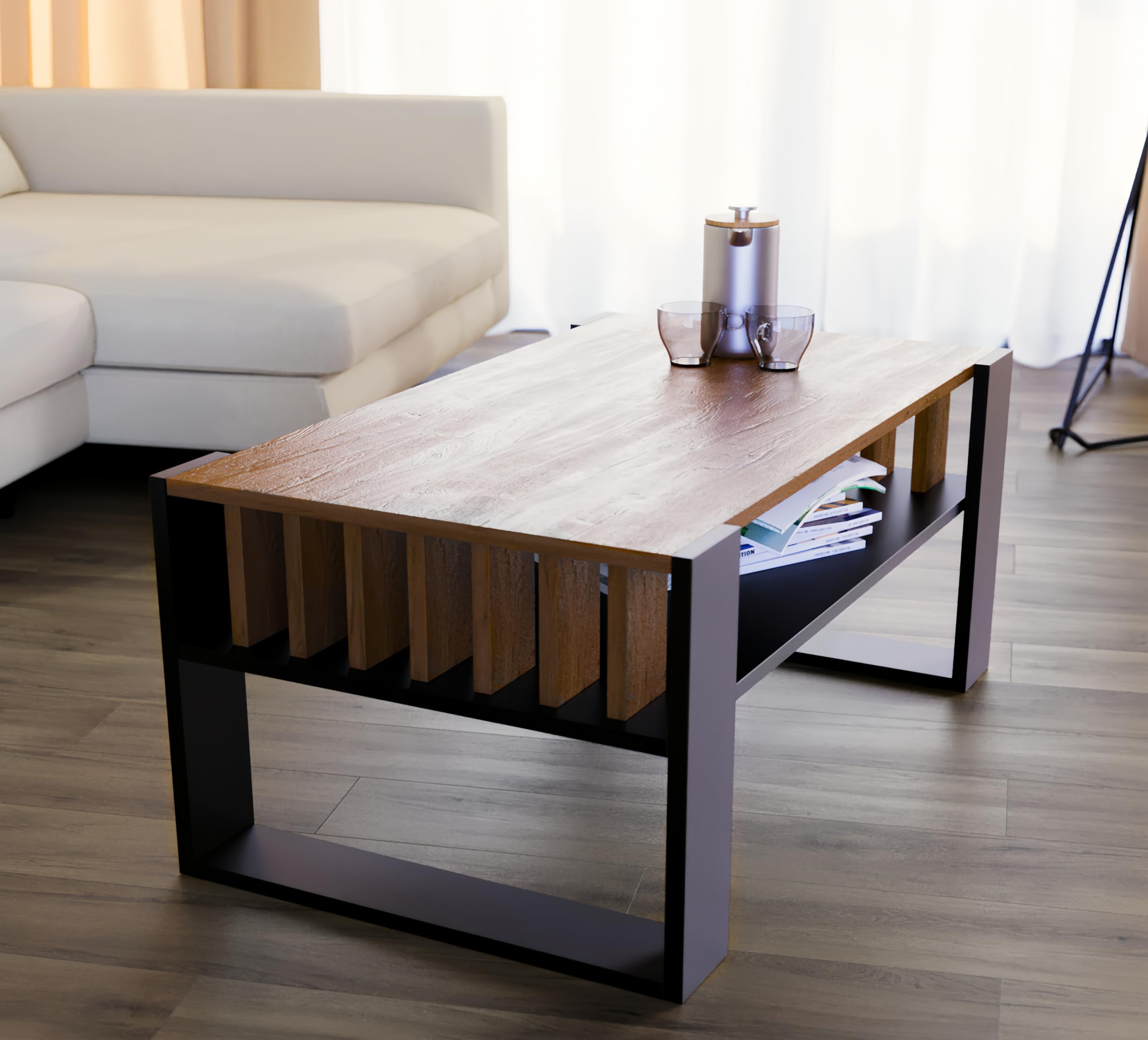 defiPad® Nowoczesny stolik kawowy z lammelami, szerokość 92 cm, duży stół do salonu, dąb | lity i stabilny | kolor czarny