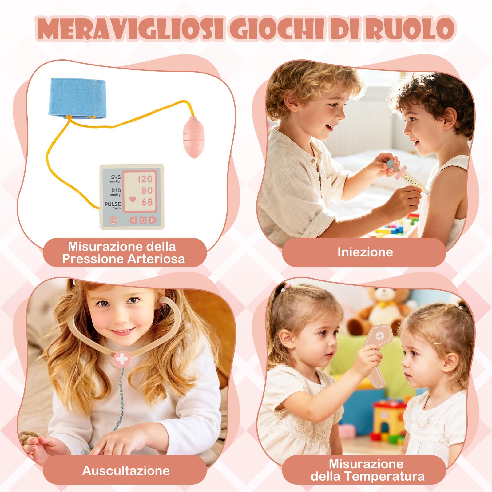 COSTWAY Set Gioco Dottore per Bambini, Medico Giocattolo in Legno con Tabella Oculistica, Macchinario CT e Radiografie, Gioco di Ruolo Medico Educativo con Accessori per Bambini 3+ Anni (Rosa)