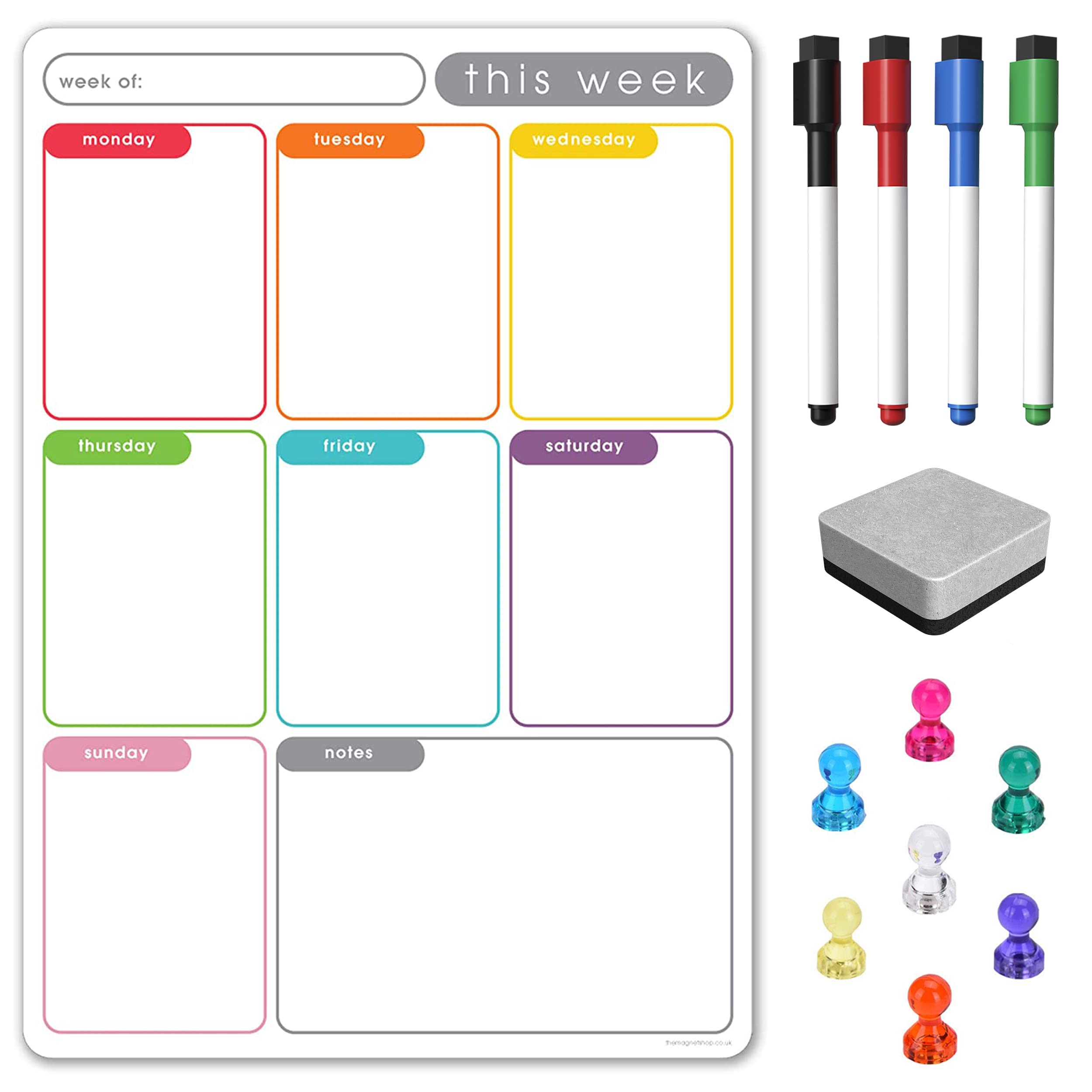 TMS A3 / A4 Multi-Coloured Magnetic Weekly Planner/Memo Board/Calendar โ Whiteboard, Shopping List and Meal Planner - with 4 Magnetic Dry Wipe Pens and Eraser (Colour Memo with Magnets, A3) โ image 1