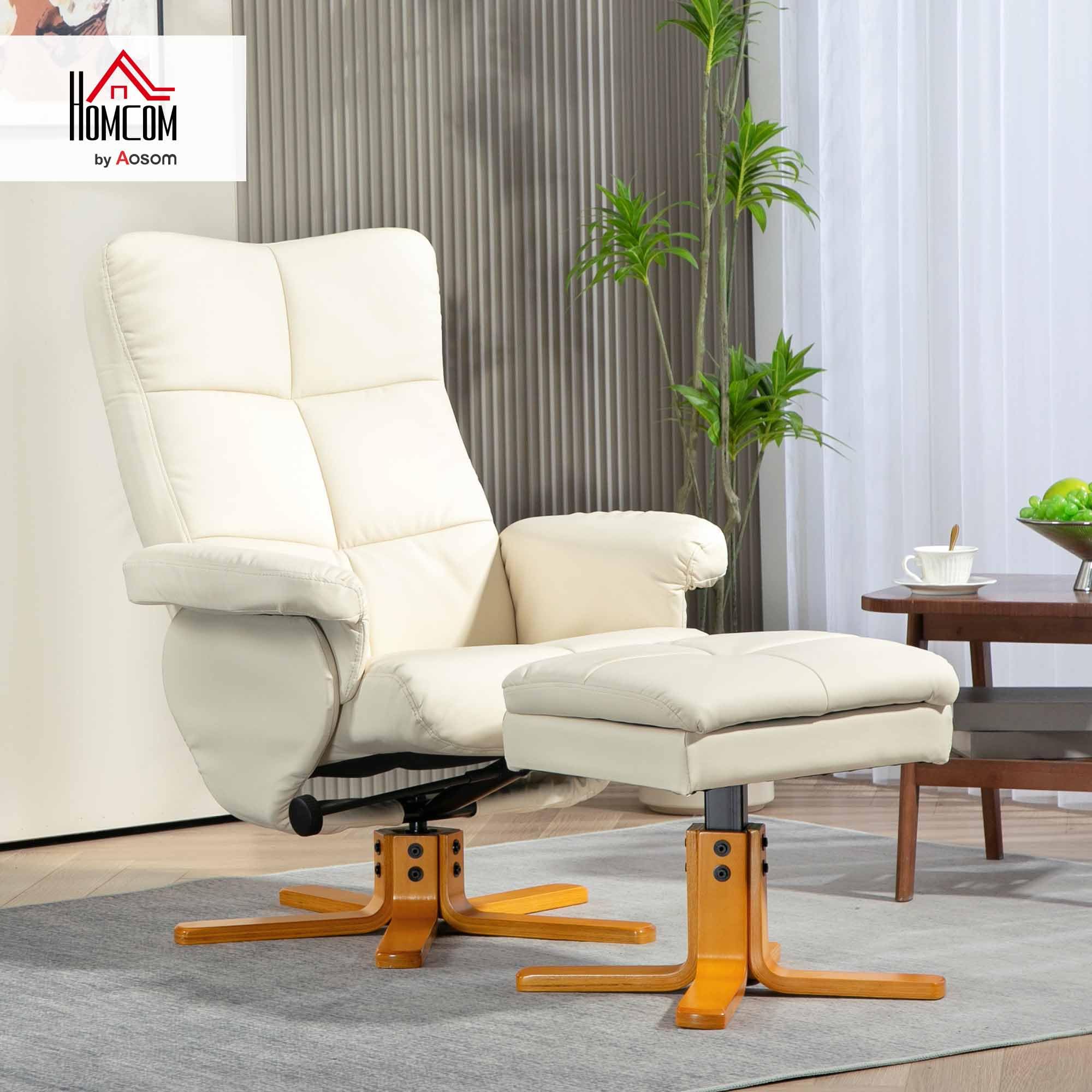 HOMCOM Relaxsessel mit Hocker, 360°drehbarer Fernsehsessel mit Liegefunktion Lesesessel für Schlafzimmer, Wohnzimmer, Kunstleder, Cremeweiß
