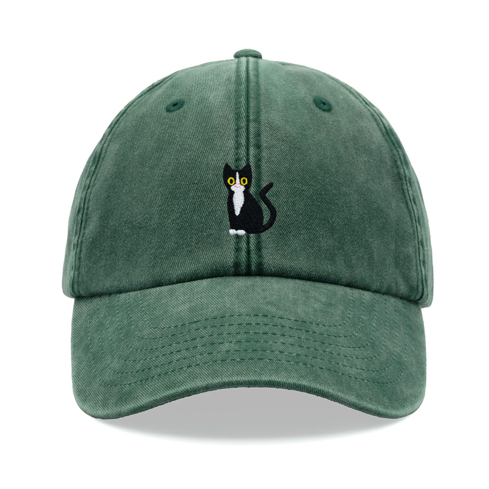 Black & White Tuxedo Cat Baseball Cap Vintage Washed Unisex Dad Hat Adjustable Bottle Green