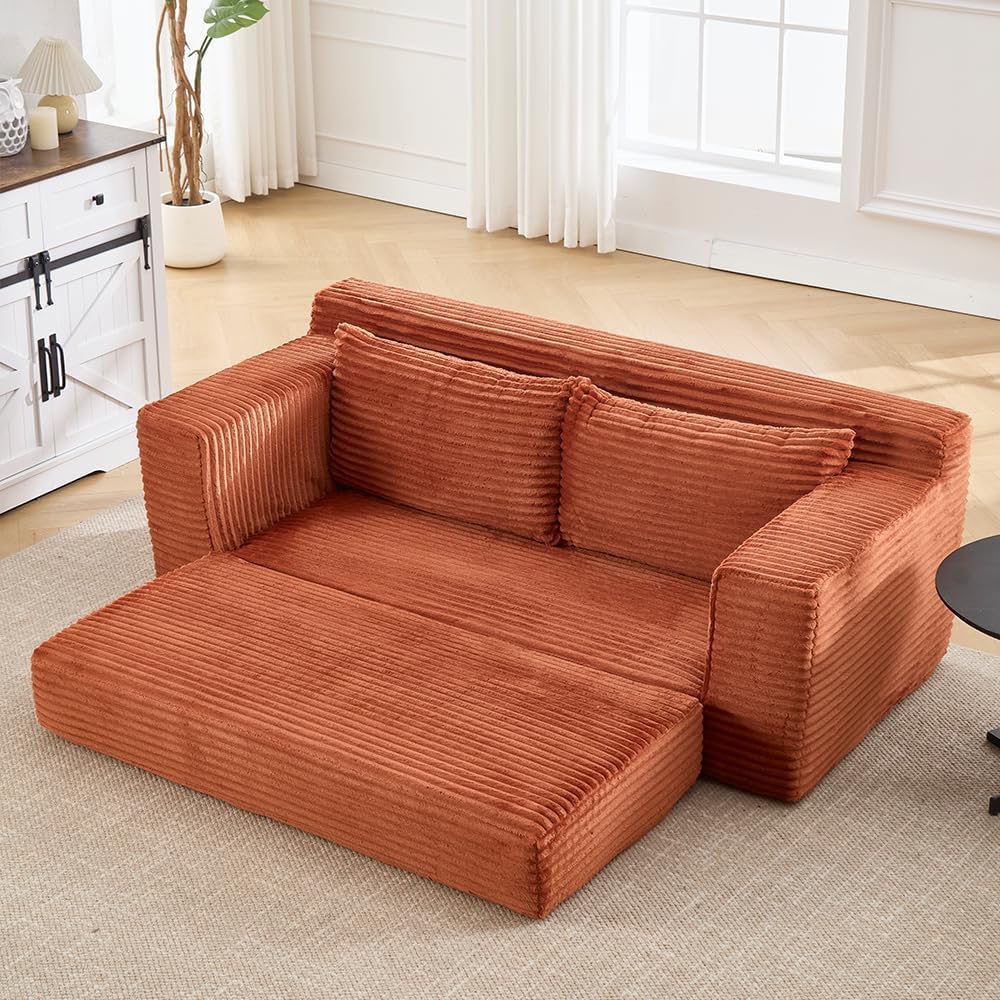 WILLIAMSPACE 70.87" Modern Loveseat Sofa Fold-Out Sofa Bed, Convertible 2-in-1 Floor Couch Chair with Memory Foam, Comfy Sofa Bed Compact Couch for Living Room, Bedroom, Corduroy (Orange)