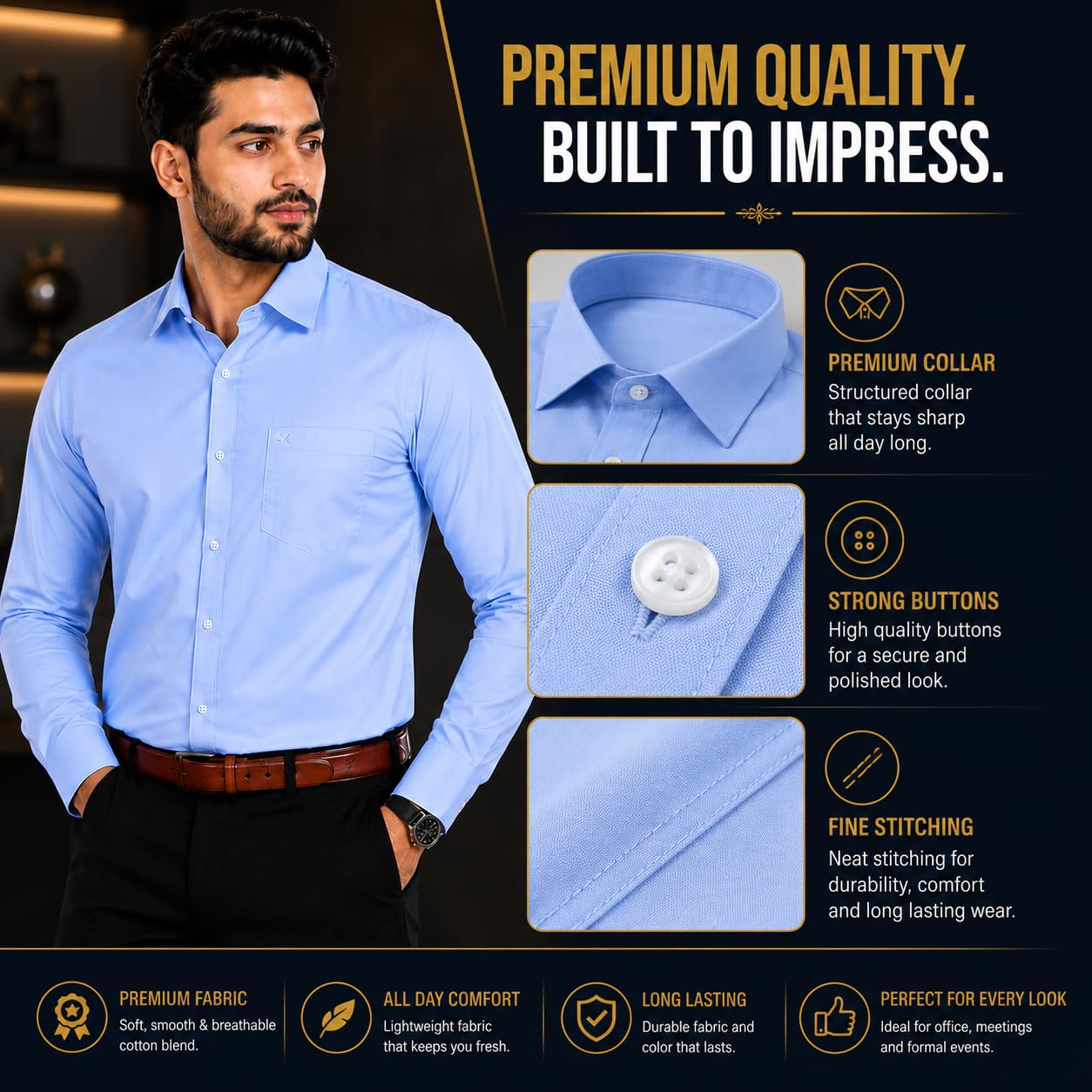 XJARVIS Clifton Men’s Formal Shirt | Premium Soft Cotton Blend Regular Fit Shirt for Men | Full Sleeve Spread Collar Office Wear Casual Shirt with Pocket, Pack of 1 (Blue, 2XL) 4