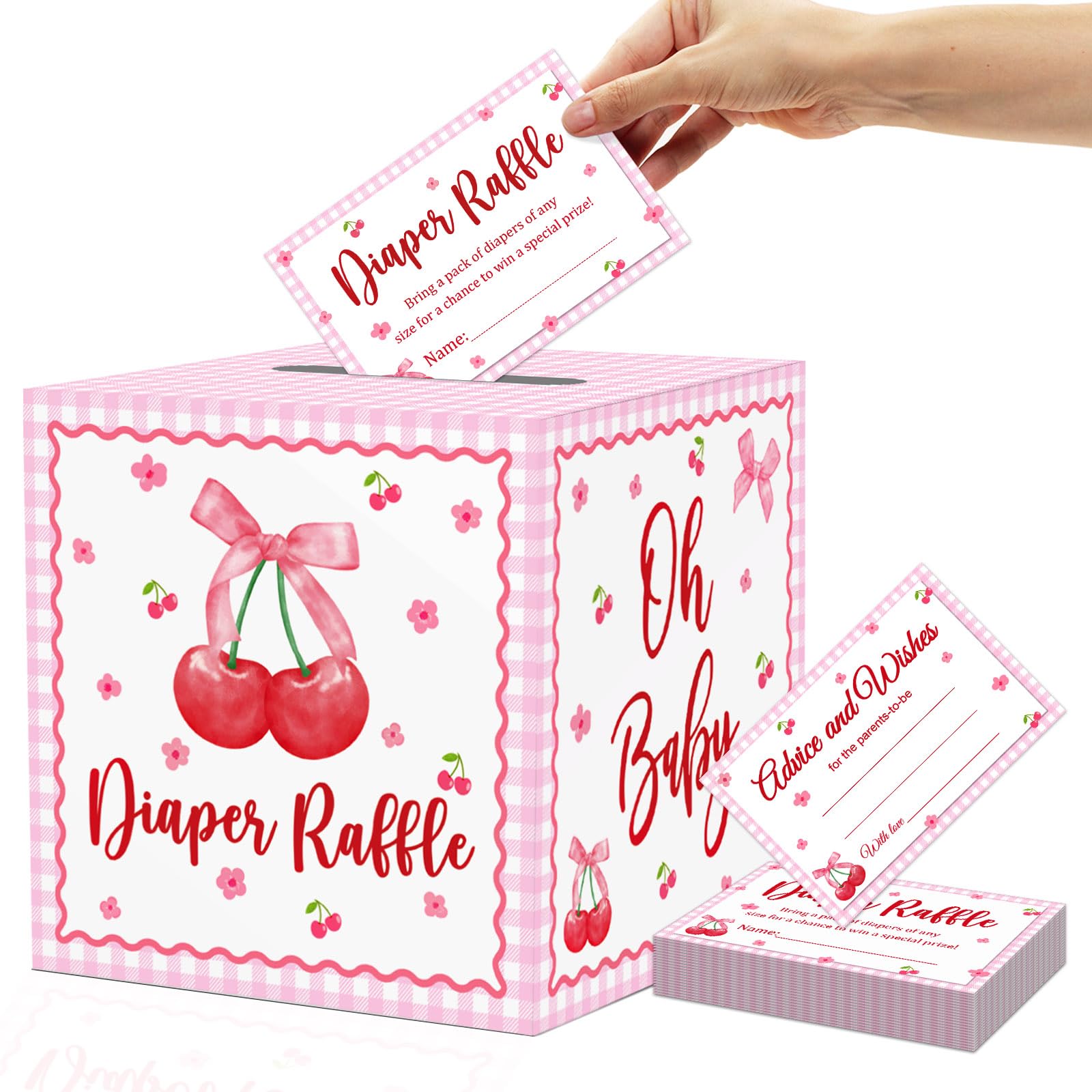 OWWOPATS 51Pcs Cherry Diaper Raffle Tickets with Box, Pink Bow Cherry Baby Shower Decorations She's the Cherry on top Diaper Raffle Box for Baby Shower Game Kit