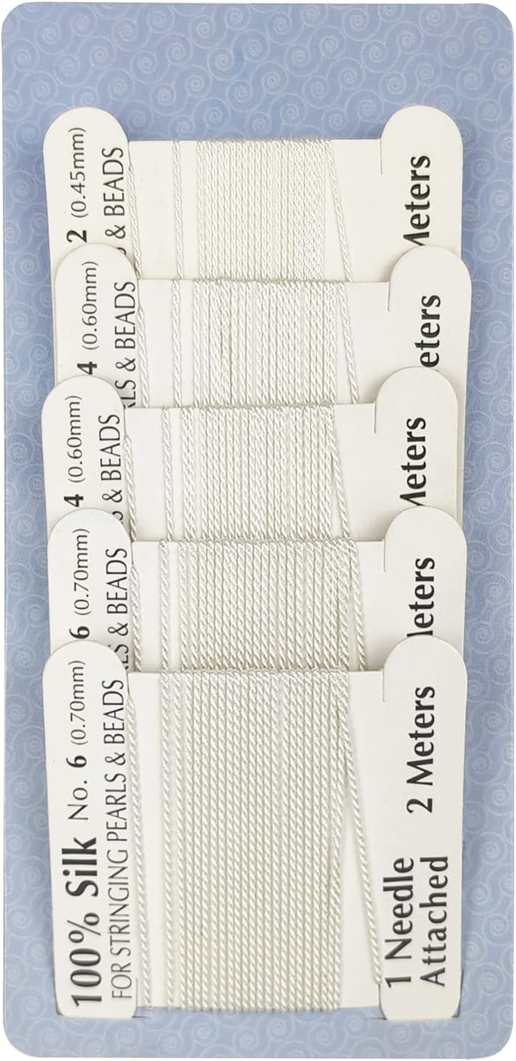 The Hobbyworker 5pcs Silk Beading Cord Thread and Needles Size2/4/6 White for Knotting Pearl,Crystals,Gemstones and Beads