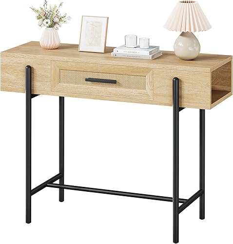IDEALHOUSE Mesa de consola, mesas de sofá, mesa de entrada de ratán con cajón de almacenamiento, mesa de pasillo de madera de 39 pulgadas, mesa de