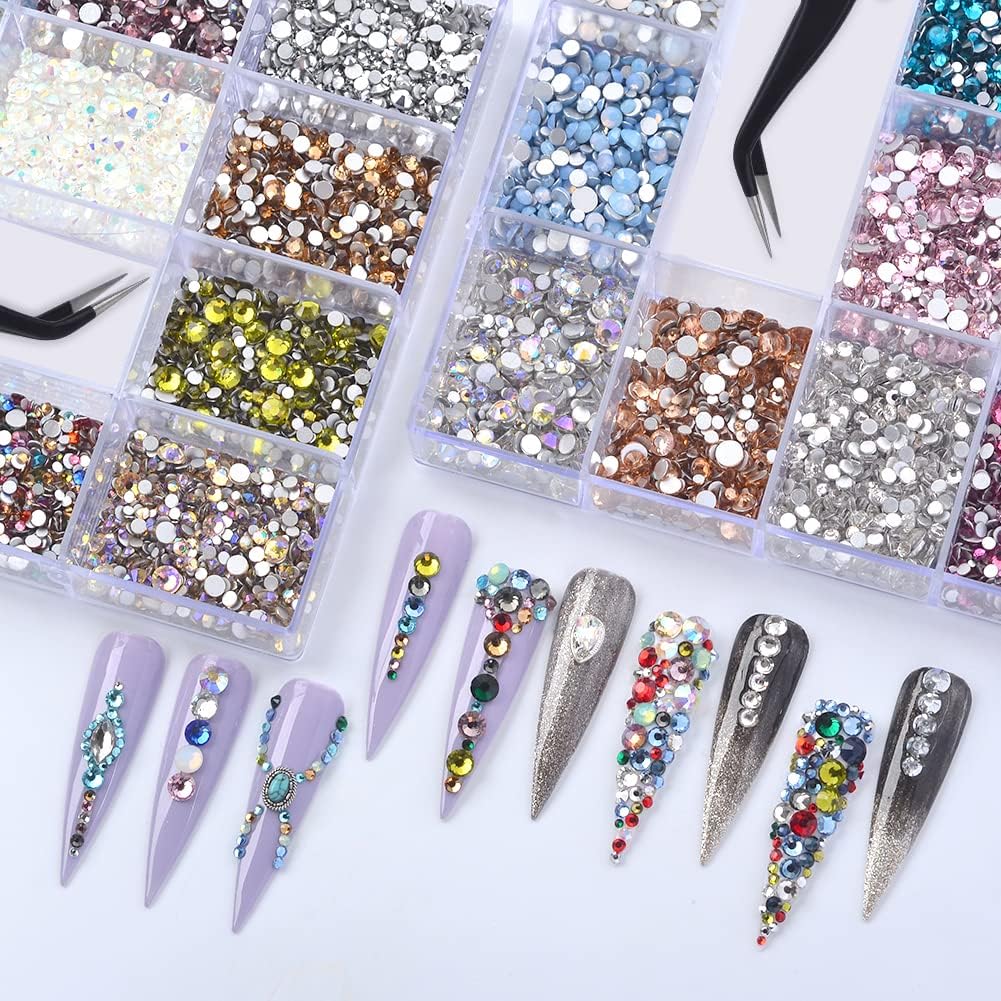 MELINDS 14400Pcs Nail Art Multi-Colored Glass Crystal Stone Decoration Nail Art Rhinestone 3D Flatback Crystals Micro Gems Mini Beads Set with Rhinestones Picker