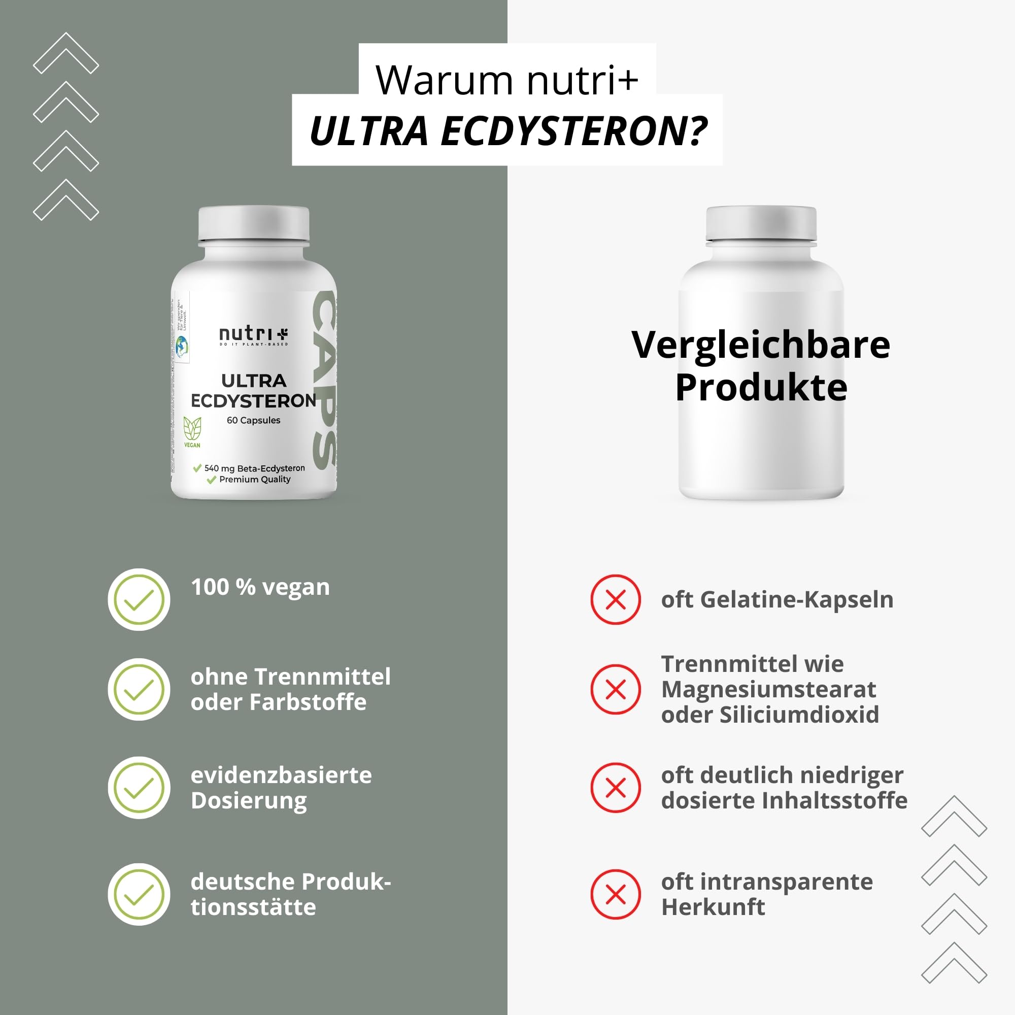 Nutri + Ultra Ecdysteron + Leucin Kapseln hochdosiert - 790 mg Wirkstoff Komplex pro Kapsel - 540 mg beta Ecdysterone 90% 250 mg L-Leucin Pulver vegan
