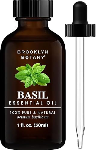 Brooklyn Botany Aceite esencial de albahaca, 100% puro y natural, aceite de grado prémium con cuentagotas - para aromaterapia y difusor, 1 onza