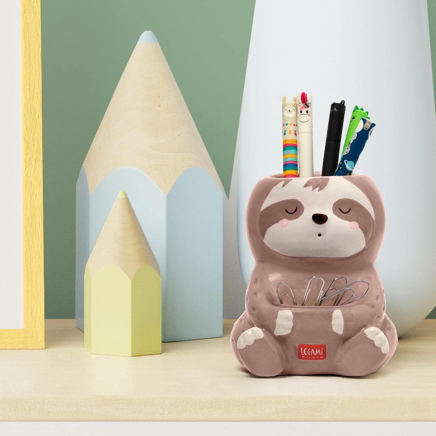 LEGAMI Desk Friends Ceramic Pen Holder, 9.2 x 10.4 cm, Sloth Theme, for Desk, Hand Painted
