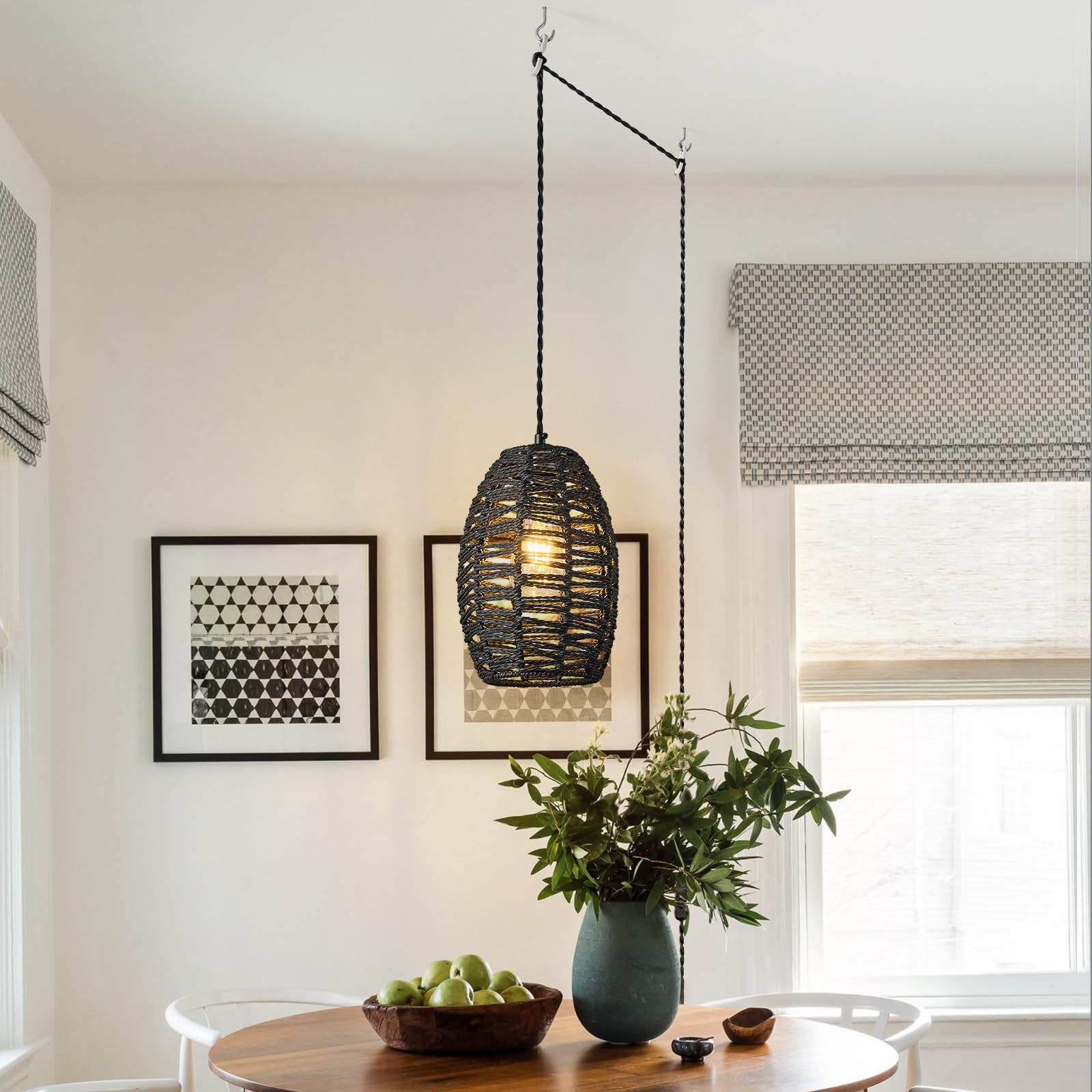 ZPBSJ Rattan Plug in Pendant Light Boho Chandelier Black Height Adjustable Pendant Lights E27 Pendant Lamp for Bedroom Living Room Farmhouse(1Pack) - Image 2