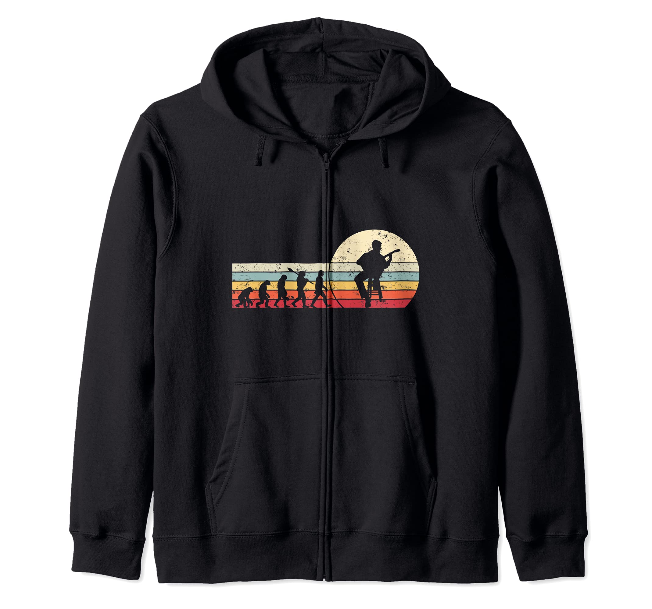 Vintage Retro Human Evolution Banjo Guitar Zip Hoodie, Black, S