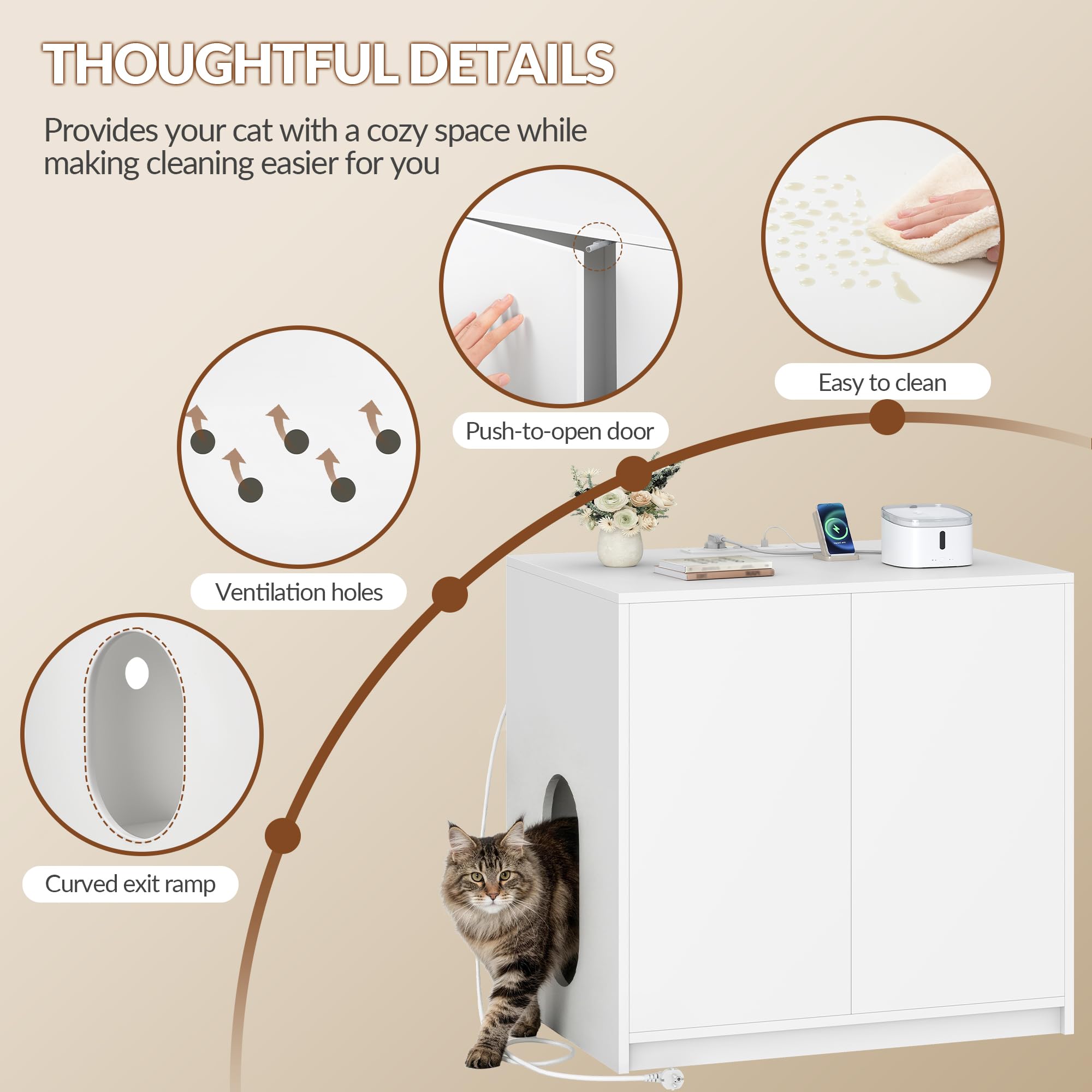 Mobile Lettiera per Gatti con Multipresa, 80 x 60 x 80cm, Bianco | Mobile per Lettiera Nascosta, Adatto per Lettiere Elettriche, Casetta per Gatti con Ingresso Laterale Regolabile FPCB202PW1EU
