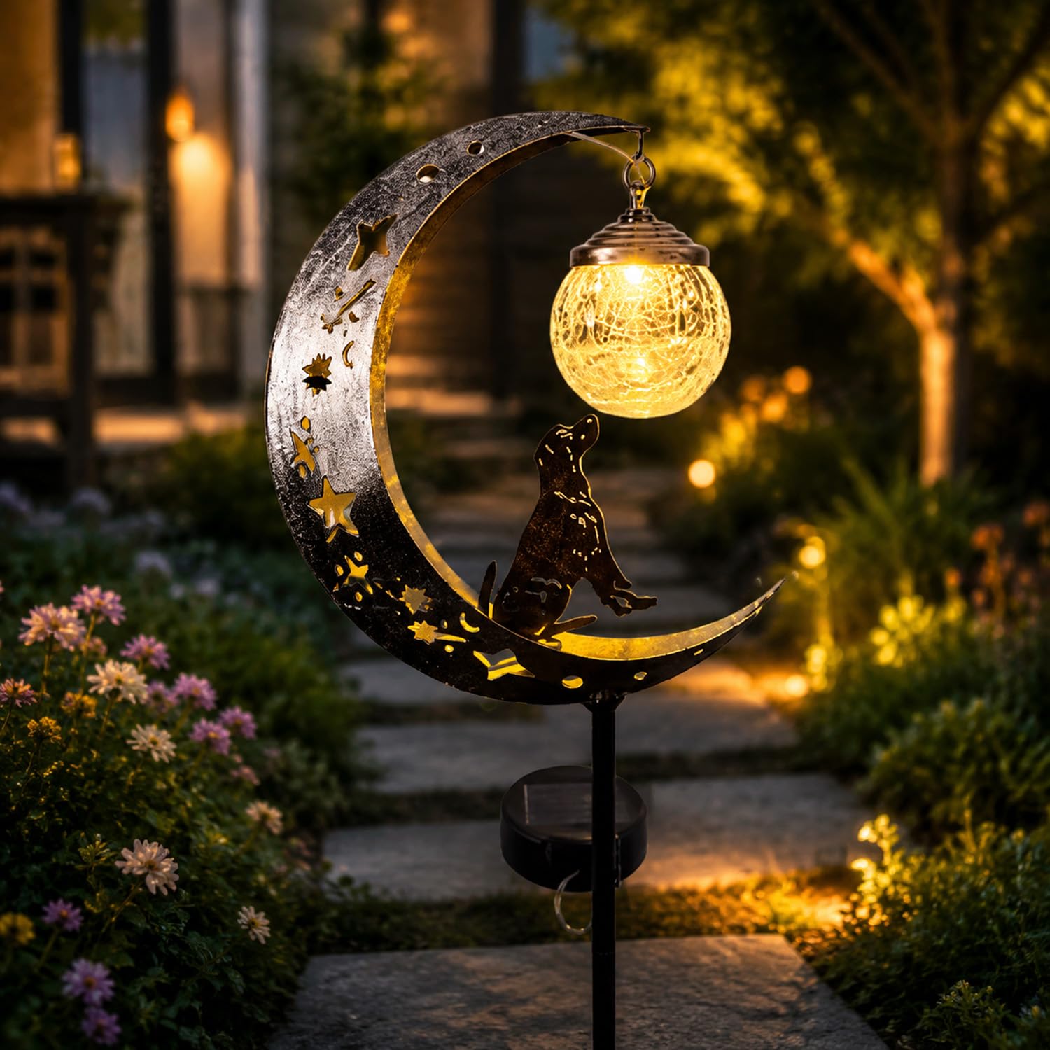 Hummingbird Moon Solar Garden Stake Light – Half Moon & Crackle Glass Outdoor Decor, Iron Hummingbird Solar Lights for Yard, Patio & Lawn, Auto On/Off Waterproof Pathway Light (Puppy Design)