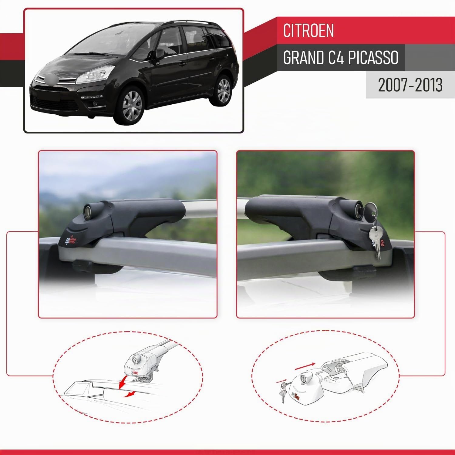 Compatible con Citroen Grand C4 Picasso 2007-2013 Modelo Ace-1 Barra de Techo Auto Portaequipajes Barras Transversales Gris Aluminio 2 Barras