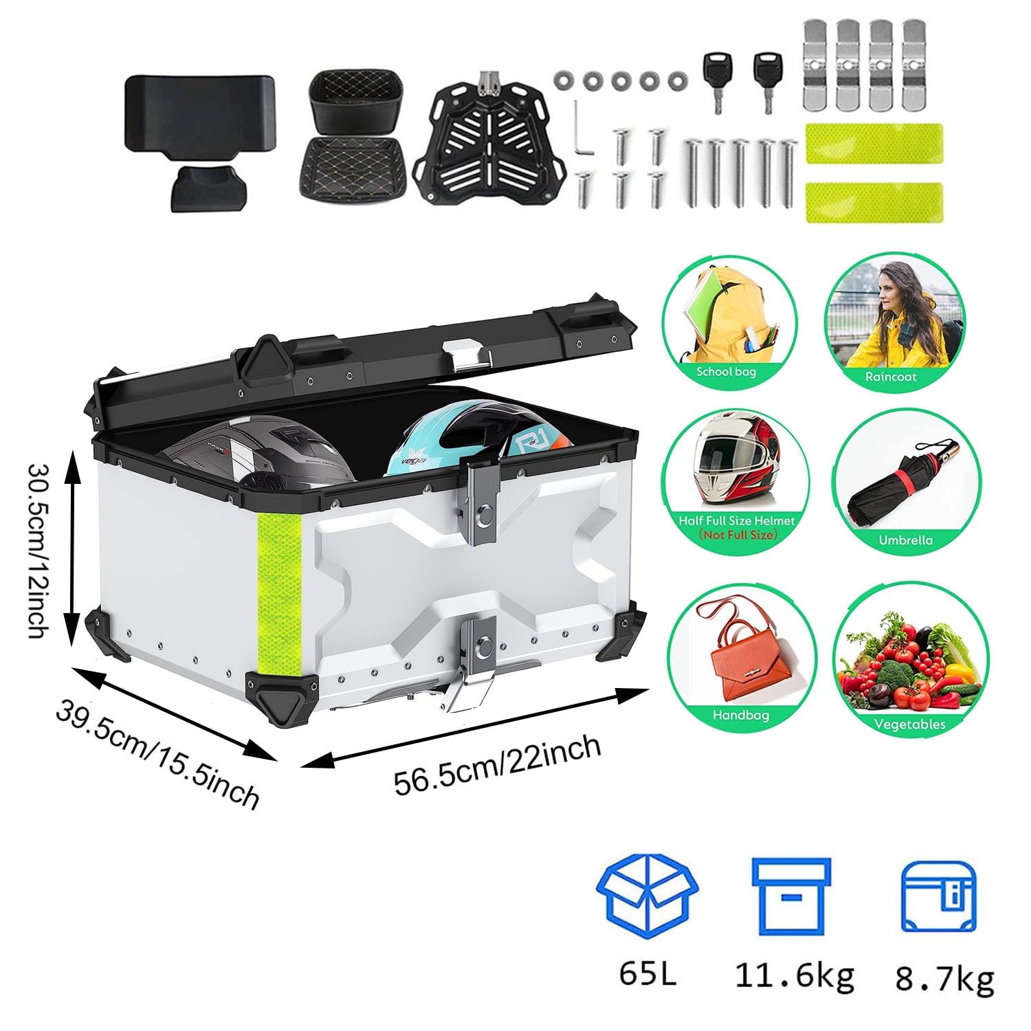 Maletero para Moto, Caja para Casco, Funda Superior Impermeable 65L 85L 100L Baúl Trasero De Aluminio con Bloqueo De Seguridad (Color: Plata, Size)