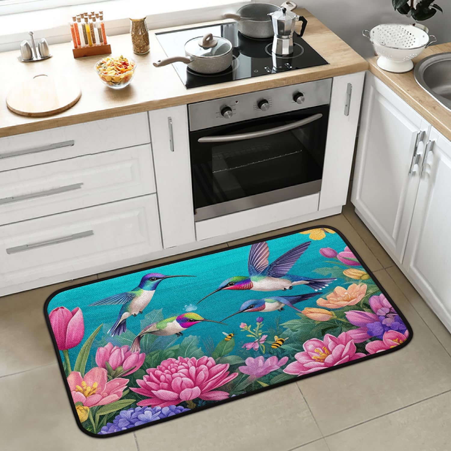 Kitchen Rugs, Spring Floral Hummingbirds Anti Fatigue Mats，Water Absorbent Rug with Anti-Skid Backing for Farmhouse Home Kitchen/Office/Bathroom, Decorative Washable Floor Mats 39''x20''