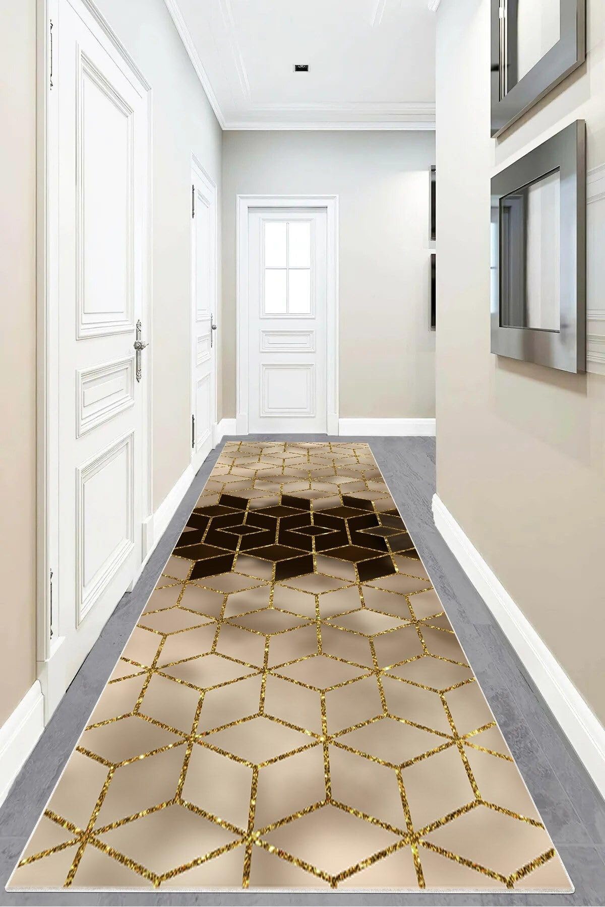 Pelangi Balpeteği Geometrik Desenli Etnik Dijital Baskı Yıkanabilir Kaymaz Taban Salon Halı Ve Yollu, Gold-Sütlü Kahve 100 x 200, 95551038111002007