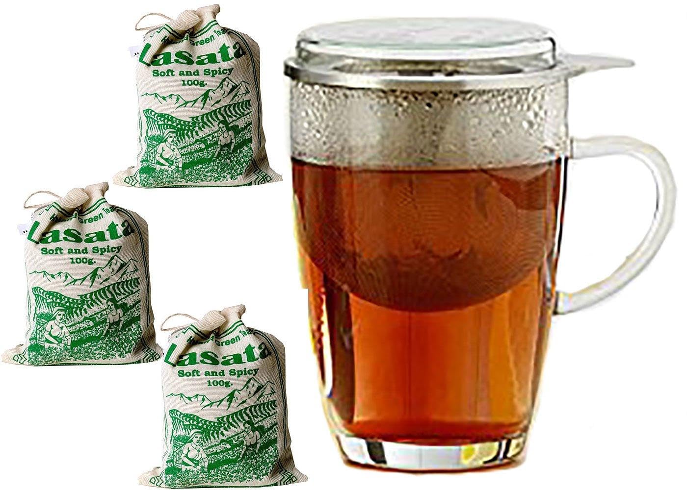 3x Green Tea Lasata 3.52 Oz (100g) Premium Organic Gourmet Highland Tea from Nepal with 1x Glass Mug Glass Cup 12 Oz (350ml) Tea for One Set