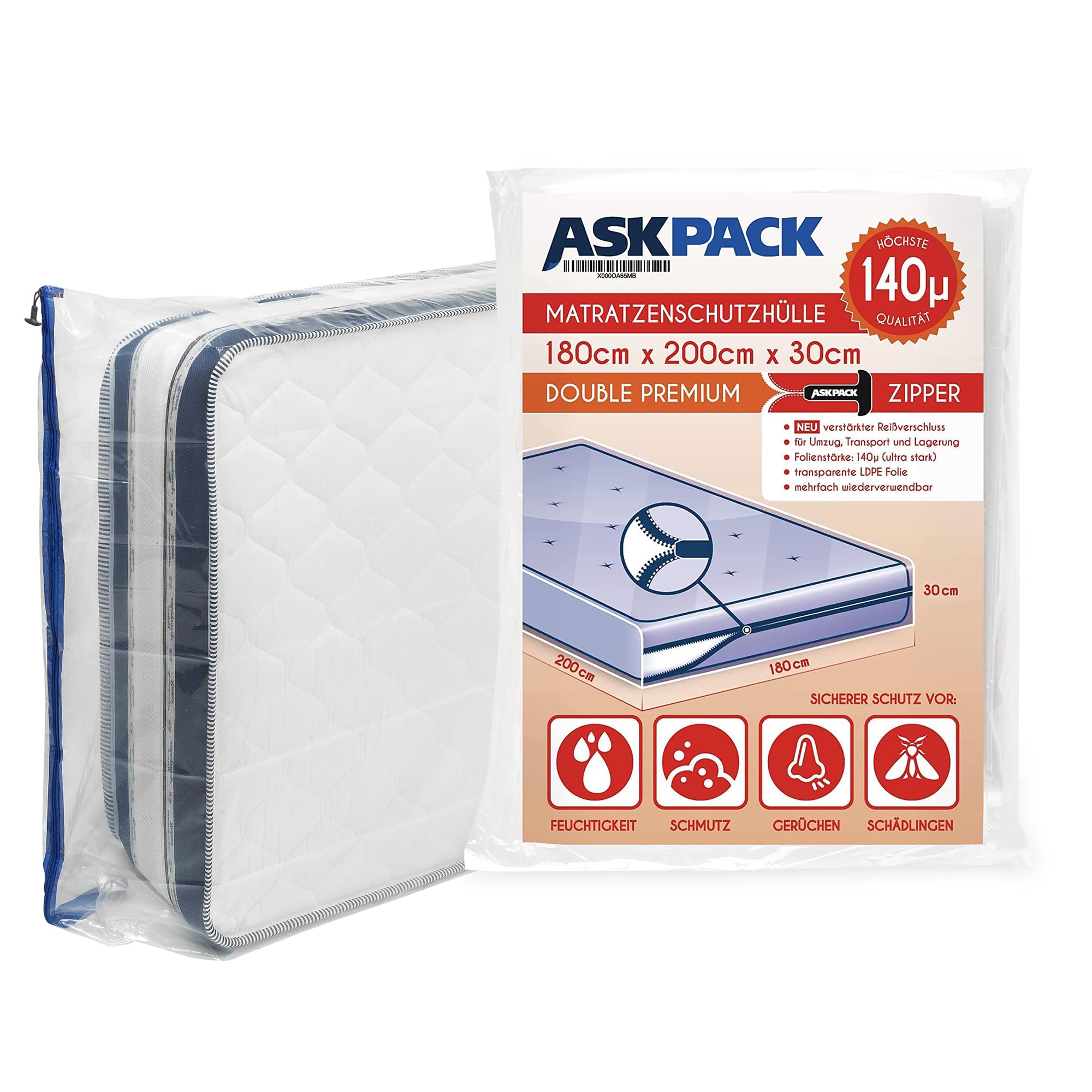 Ask Pack Transparent Mattress Bags For Moving And Storage With Zipper - 5.5 Mil Heavy Duty Material - Size Xs-Xxl, Waterproof Mattress Cover, Tearproof - Reusable Mattress Protector Transport Bags - 180X200 Cm