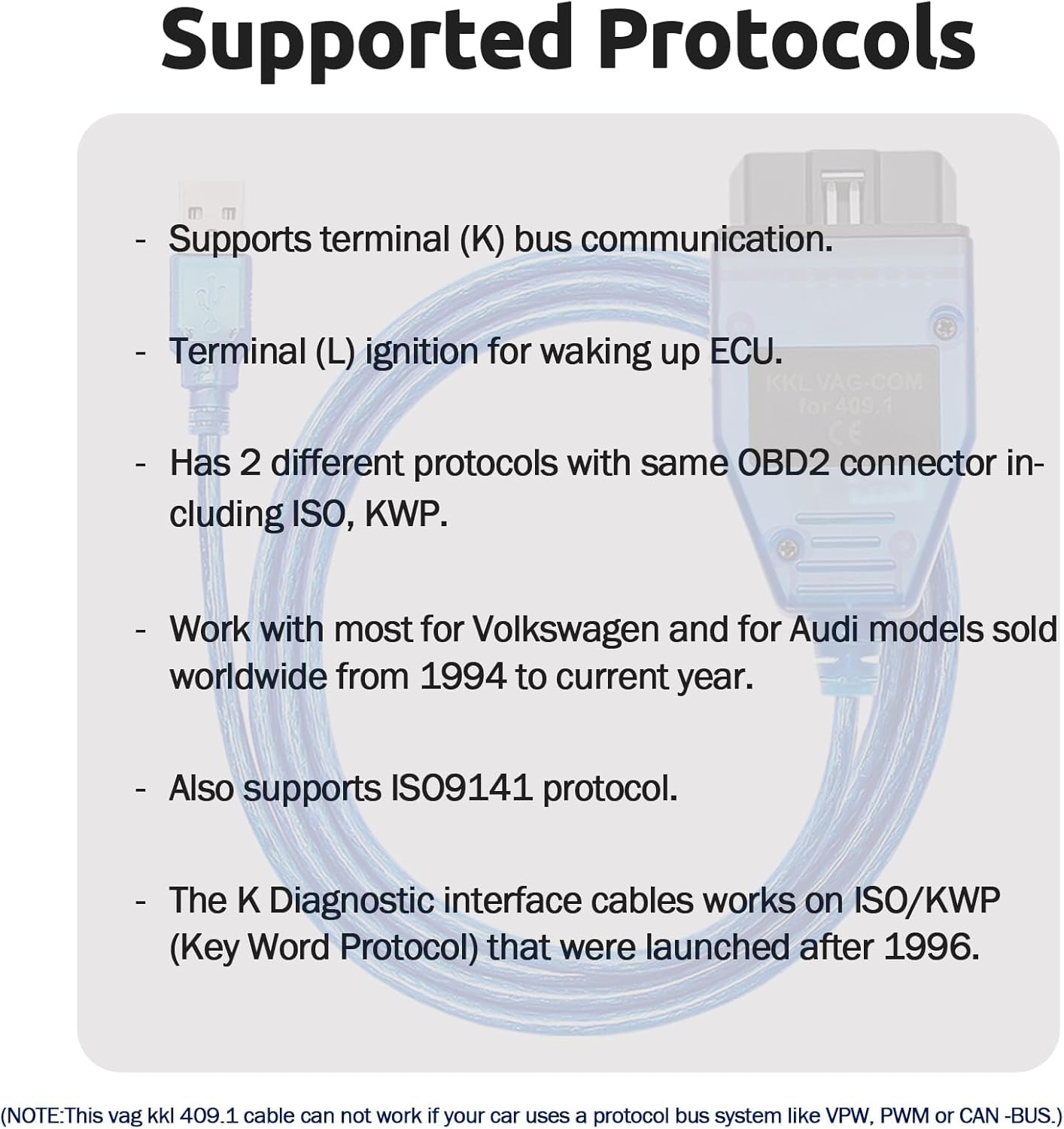 OBD2 KKL 409.1 for VCDS USB Cable for VAG, for VW, for Audi, for Seat, for Volkswagen and for Skoda Vehicles from 1996 to 2009, OBD Car ECU Scan Tool to USB Cable for Windows XP Diagnostic Scanner
