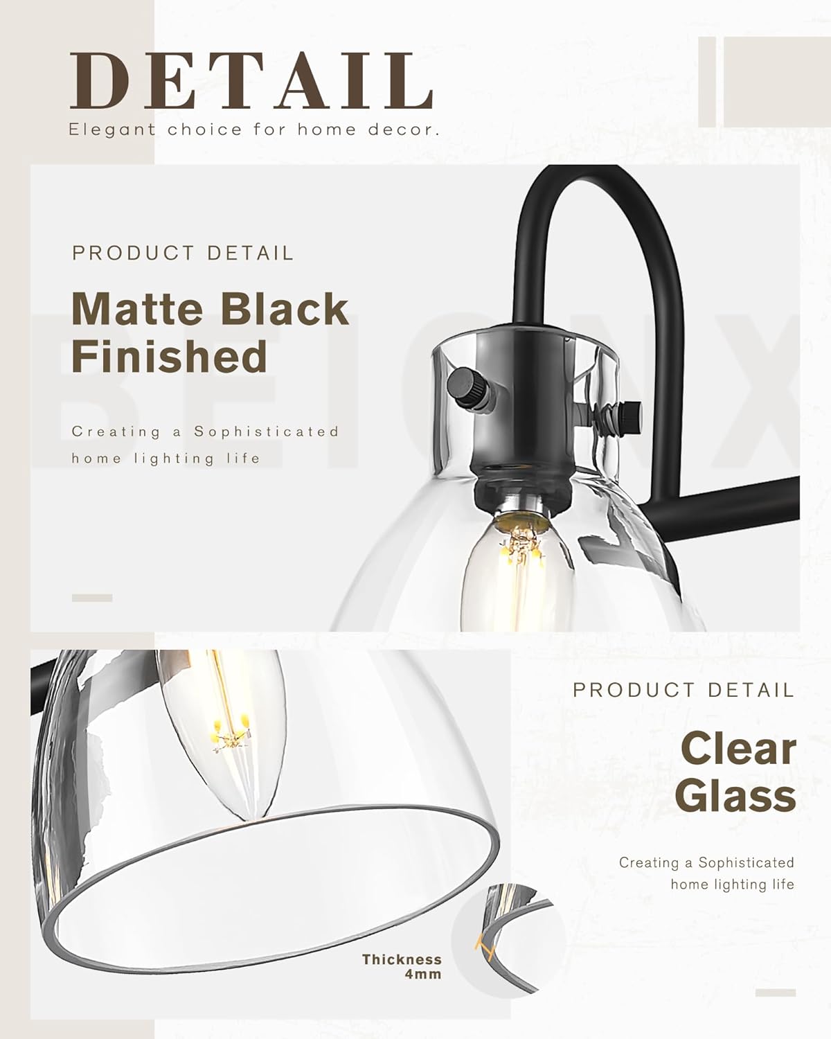 Beionxii Bathroom Light Fixtures Over Mirror, 3 Light Matte Black Vanity Fixtures with Clear Glass Shade, Bathroom Vanity Light for Mirror Living Room Hallway, BX-VL02MB-3CG