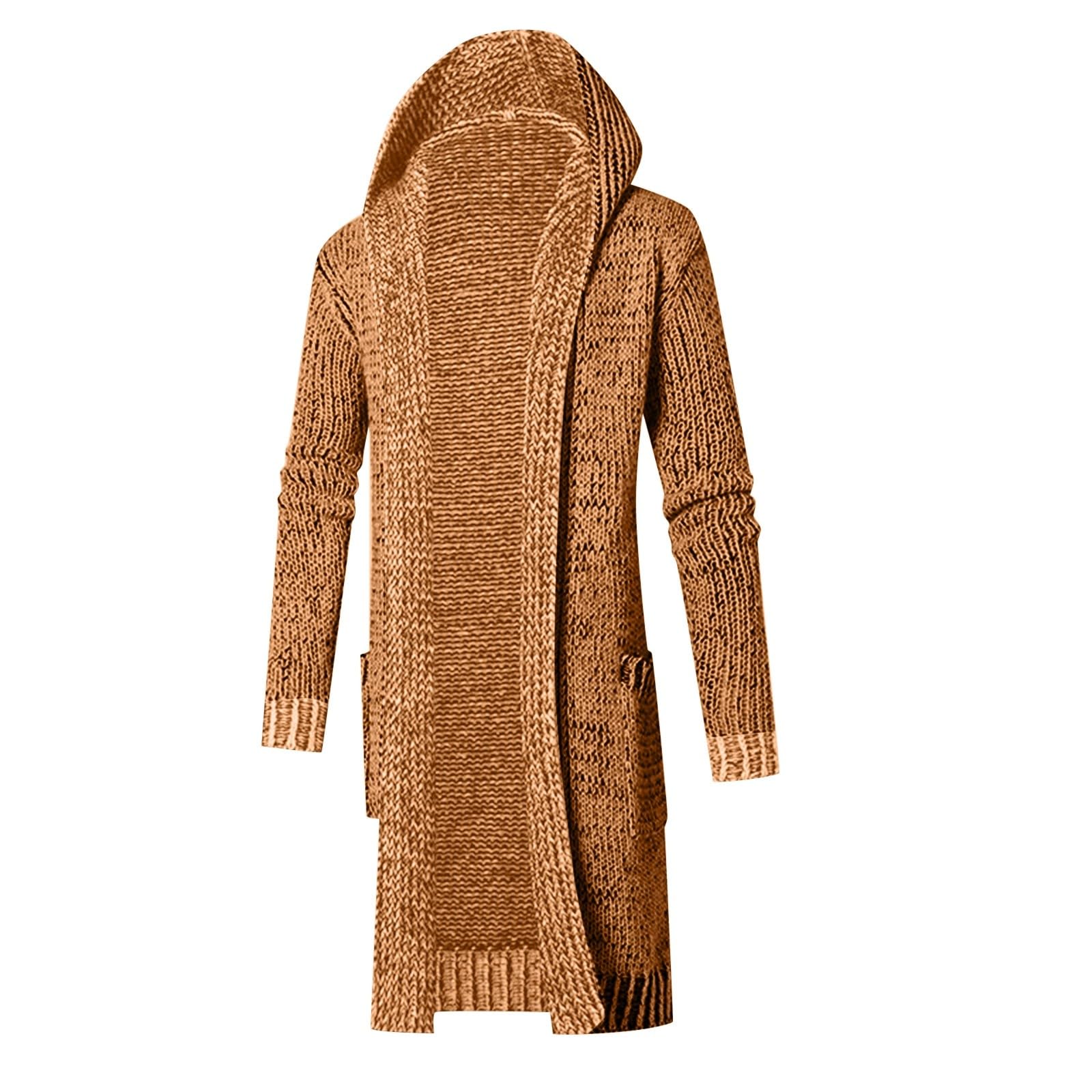 Cardigan da uomo in cotone, lungo, a maglia grossa, elegante, tinta unita, con cappuccio, con bottoni, per l'inverno
