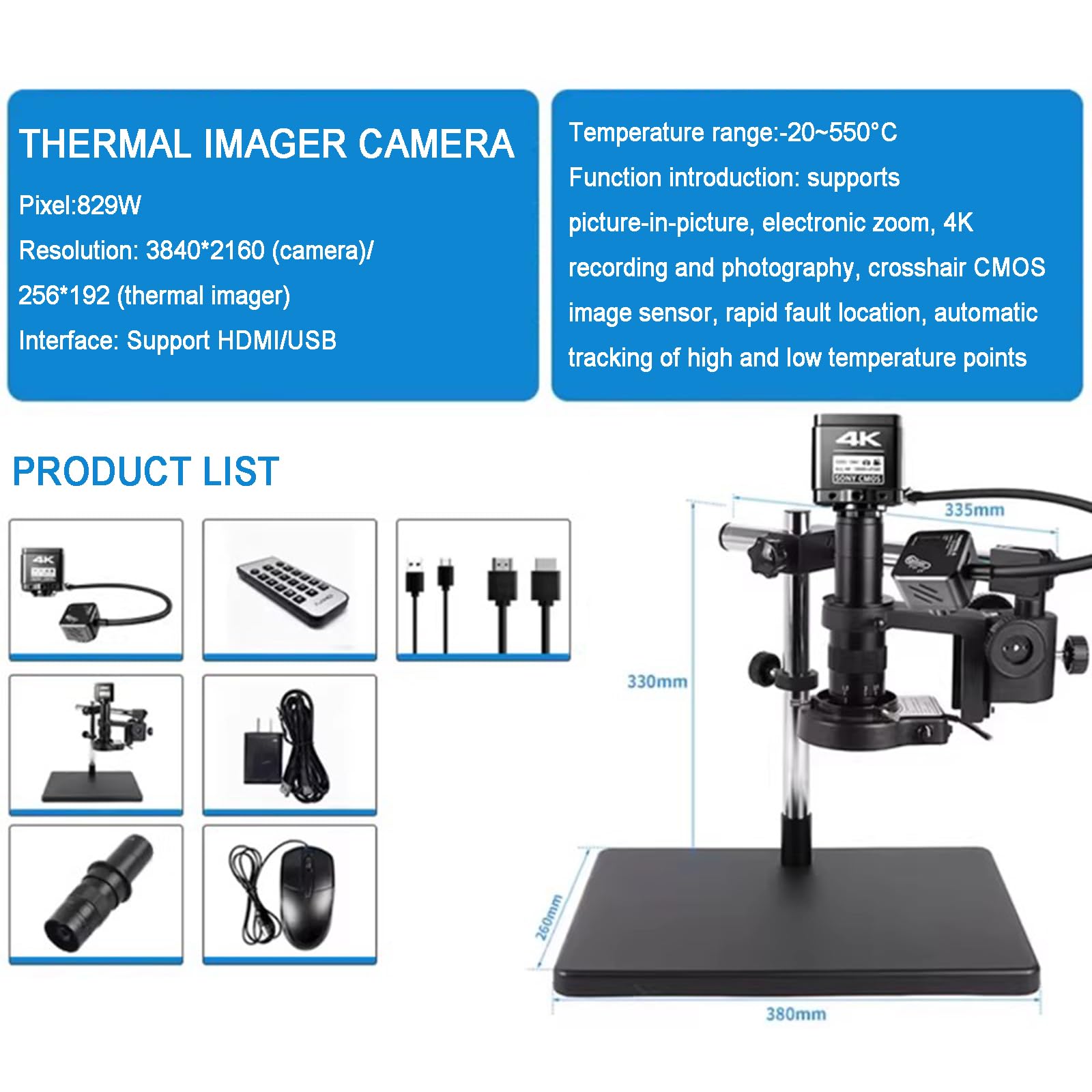 Microscopio digitale con HDMI 4K, lente d'ingrandimento 180x, immagini termiche, telecomando, acquisizione foto/video per riparazione elettronica e saldatura