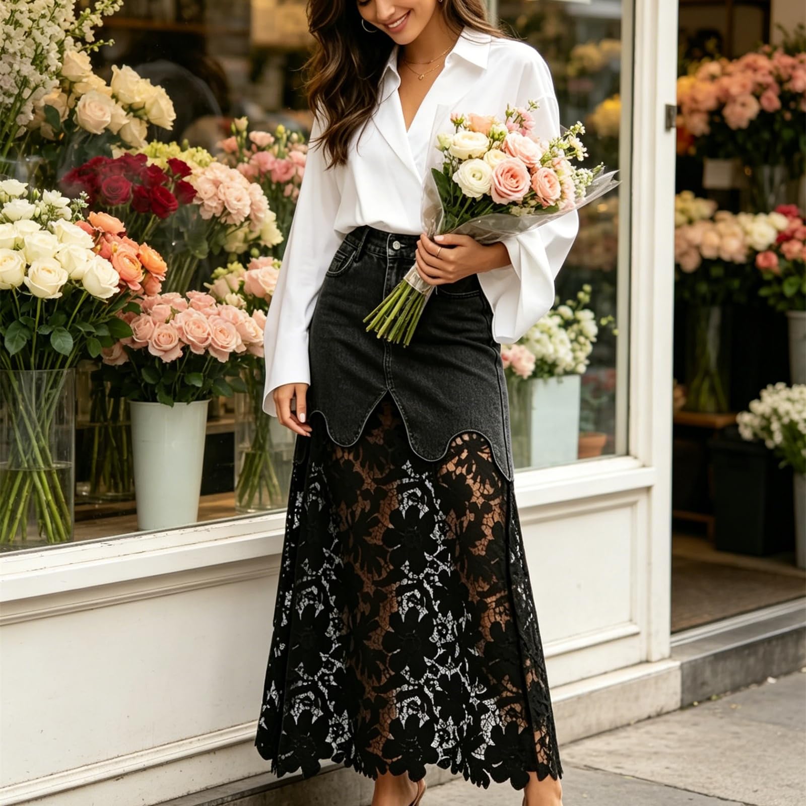 Genérico Falda Vaquera Larga para Mujer, Estilo Patchwork con Encaje y Ojales; diseño Fluido de Corte en A, Talle Alto, Estilo Boho, con Estampado Floral, Detalles de Malla Transparente.