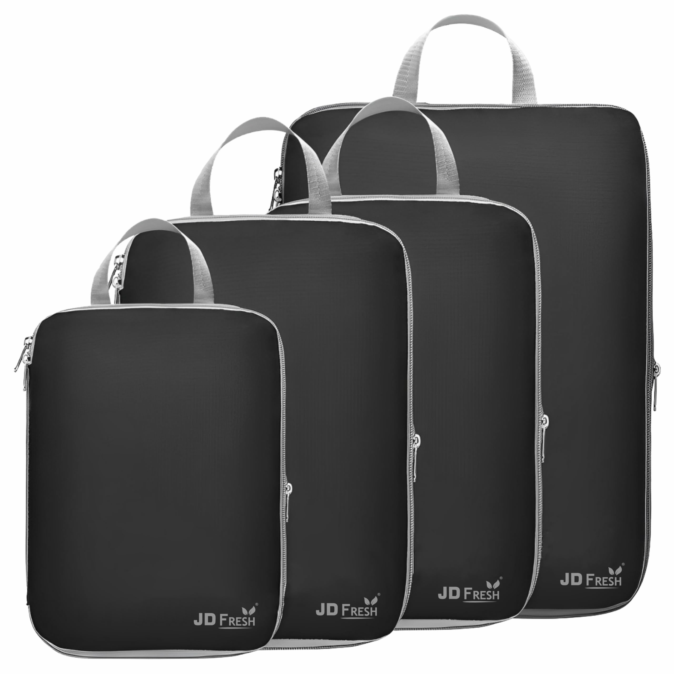 JD FRESH 4 Pcs Nylon Compression Packing Cubes For Travel/Water Resistant Packing Bags For Clothes Travelling with Zipper/Luggage Packing Organizer for Saree/Shirts/Jeans (Black)