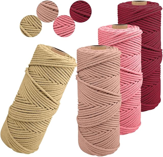 Uiopa Pack of 4 Macrame Cord 2mm x 100m Natual Cotton Cord DIY Craft Spool Twine Rustic String Cotton Rope for Wall Hanging, Plant Hangers, Knitting, Home Decorative, Gift Wrapping (4 Color F)