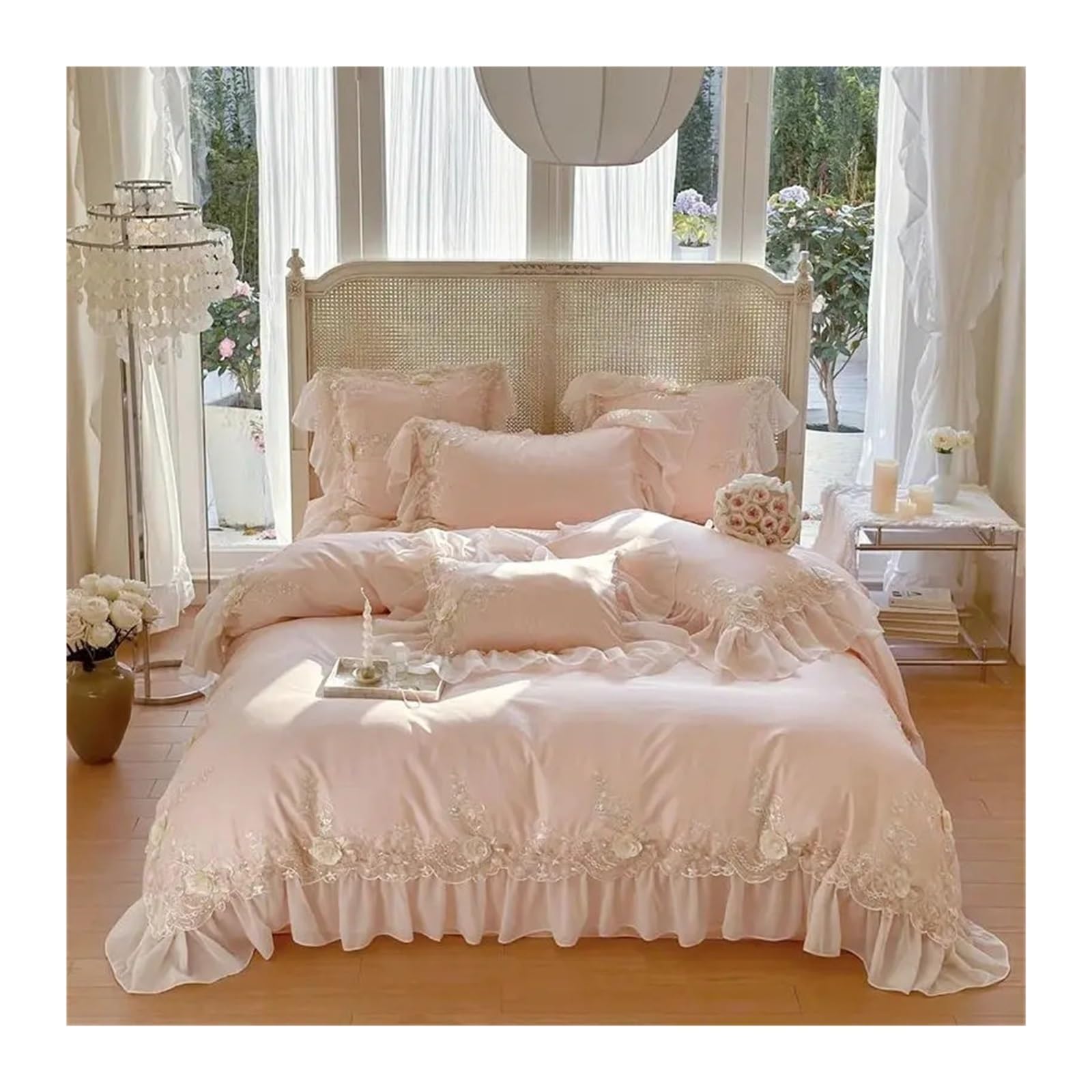 ZHSOAO Cotton Wedding Bedding Set Lace Ruffles Flowers Embroidery Duvet Cover Bed Sheet Pillowcases for Bed(Pink,Queen Size 4pcs)