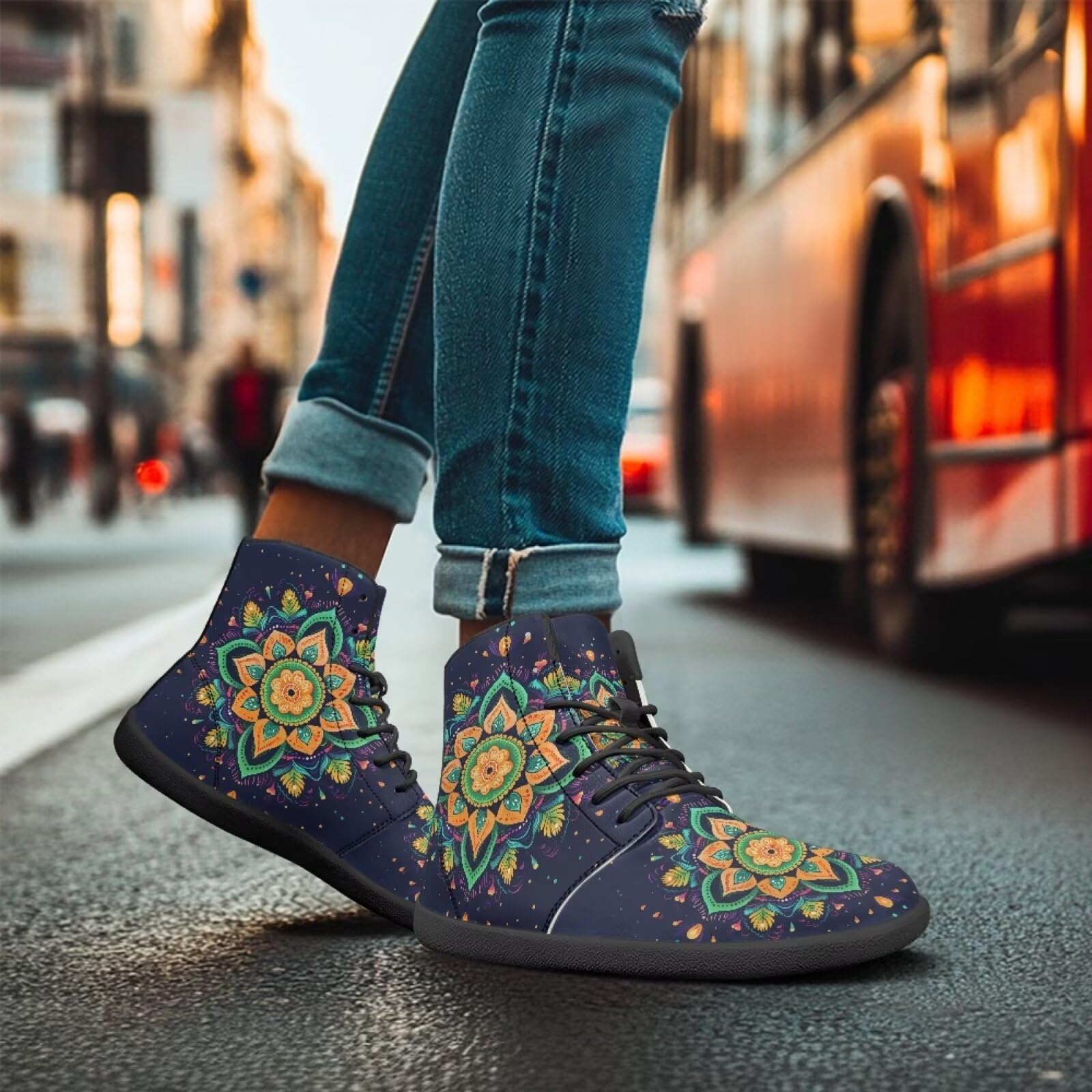 Watdotory High Top Barefoot Shoes Rubber Sole Running Shoes Non Slip Barefoot Boots Wide Toe Box Grounded Footwear for Men Women - Colourful Mandala Flower Print