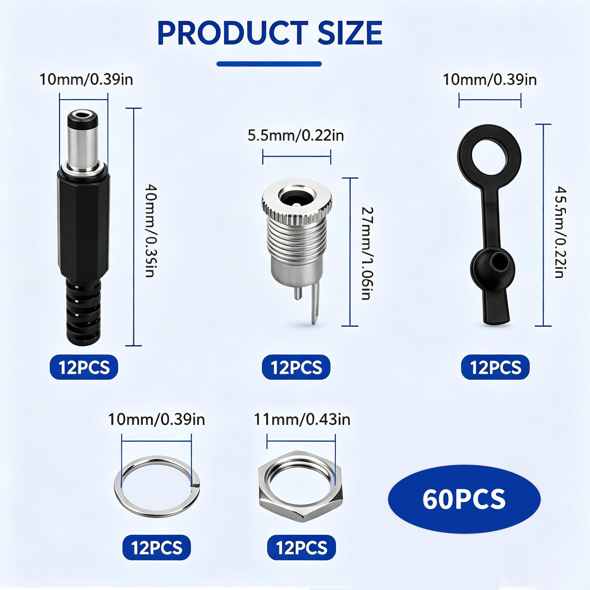 36 Stück DC Stecker Buchse Set, 5.5 x 2.1mm DC Buchse mit 5A Belastbarkeit, Niedervolt Steckverbinder mit Schutzkappen und DC Hohlstecker, Gleichstrom Anschluss für Kamera, Elektronik