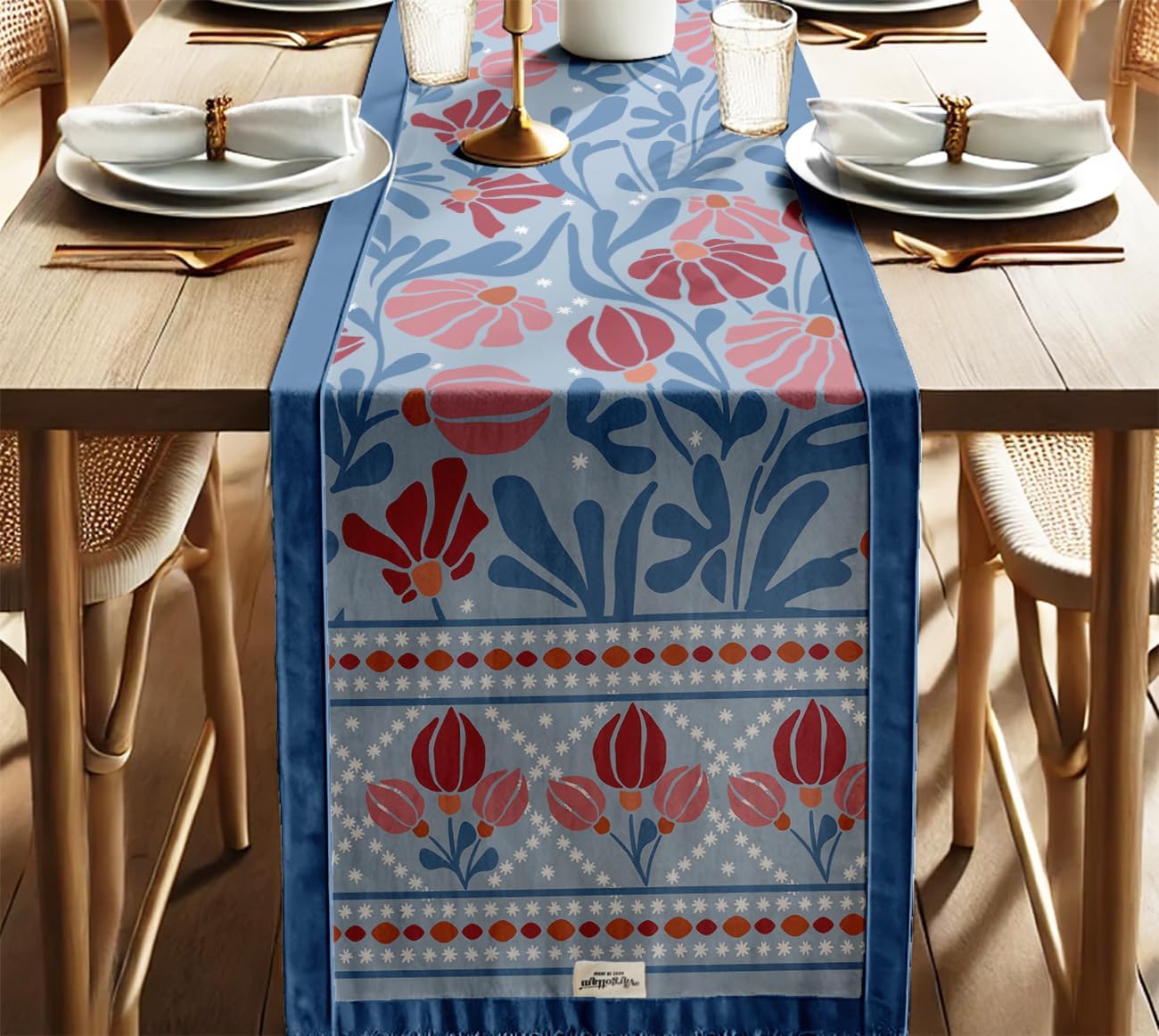 Decorative Table Runner - Double-Layered Cotton - 14 x 60 Inch with Elegant Border - Durable - for Rustic, Boho & Modern Décor - Floral