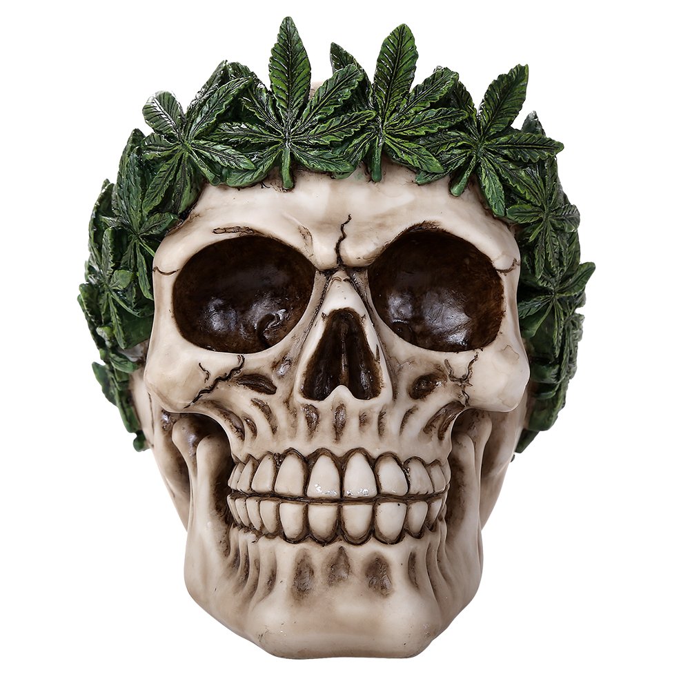 Pacific Giftware Novelty Cannabis Leaves Marijuana Weed Pot Head Skull Figurine Halloween Decor Collectible 5.25 Inches Tall