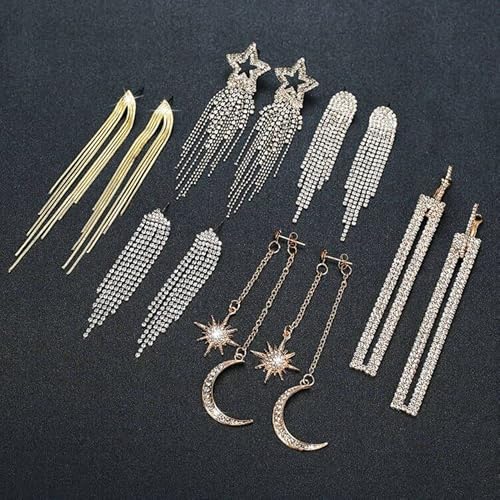 Rhinestone Crystal Dangle Earrings For Women: Sparkly Dangling Earrings Set For Women Silver Gold - Long Dangly Earrings Tassel Moon And Star Drop Earrings #TOP3